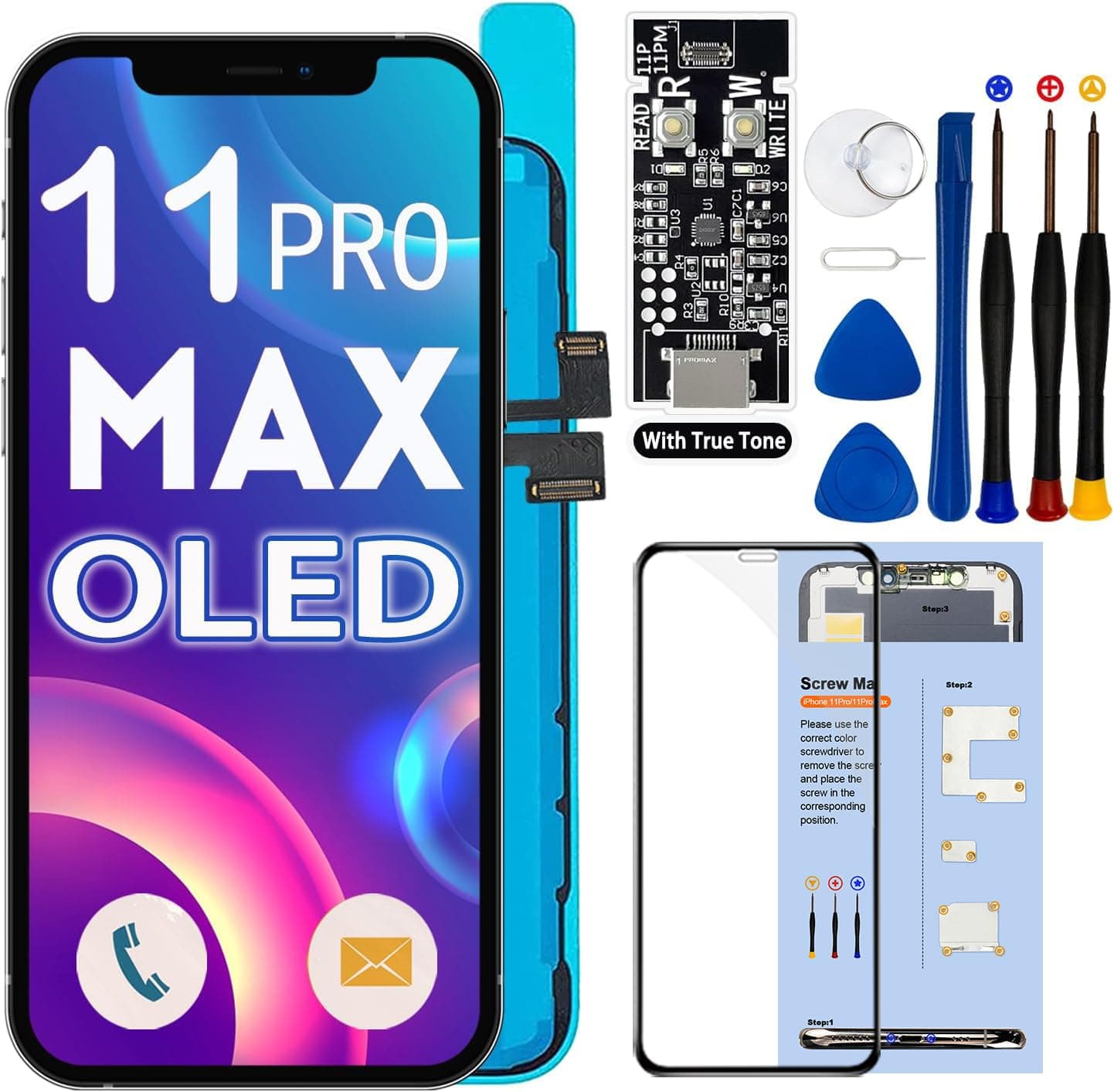 [OLED] for iPhone 11 PRO MAX Screen Replacement 6.5 Inch [NOT LCD] Display 3D Touch Frame Assembly Digitizer with Repair Kit Screen Protector for Model A2218 A2220 A2161