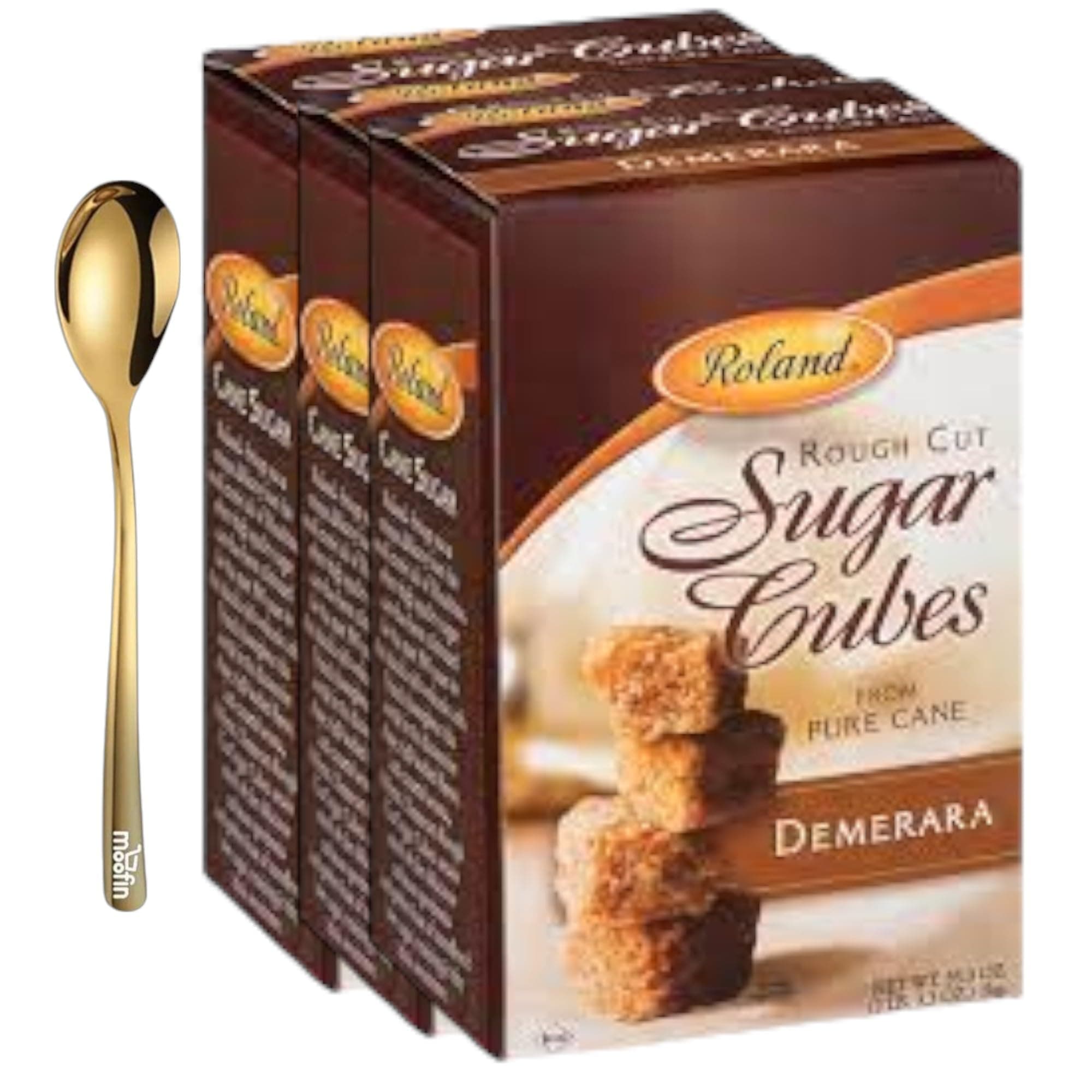 Roland Foods Brown Sugar Cubes, 176 Oz - Rough Cut Demerara Sugar Cubes with Moofin Golden SS Spoon, Pure Cane, Flavorful Caramel Aroma, Ideal for Coffee Tea, Light Brown Sugar, Pack of 3
