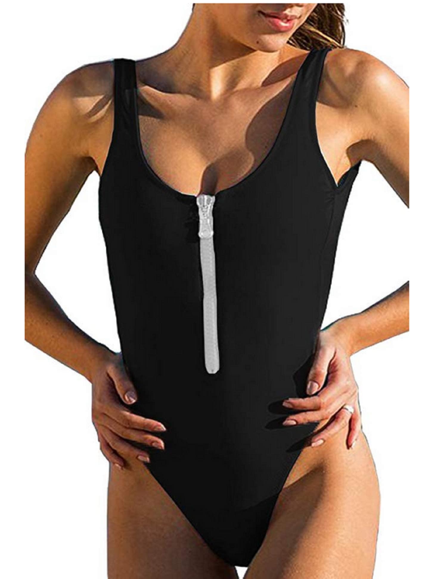 Flower999 Women's Zipper Low Chest Sexy V Neck One Piece Beachwear Swimsuits Swimwear