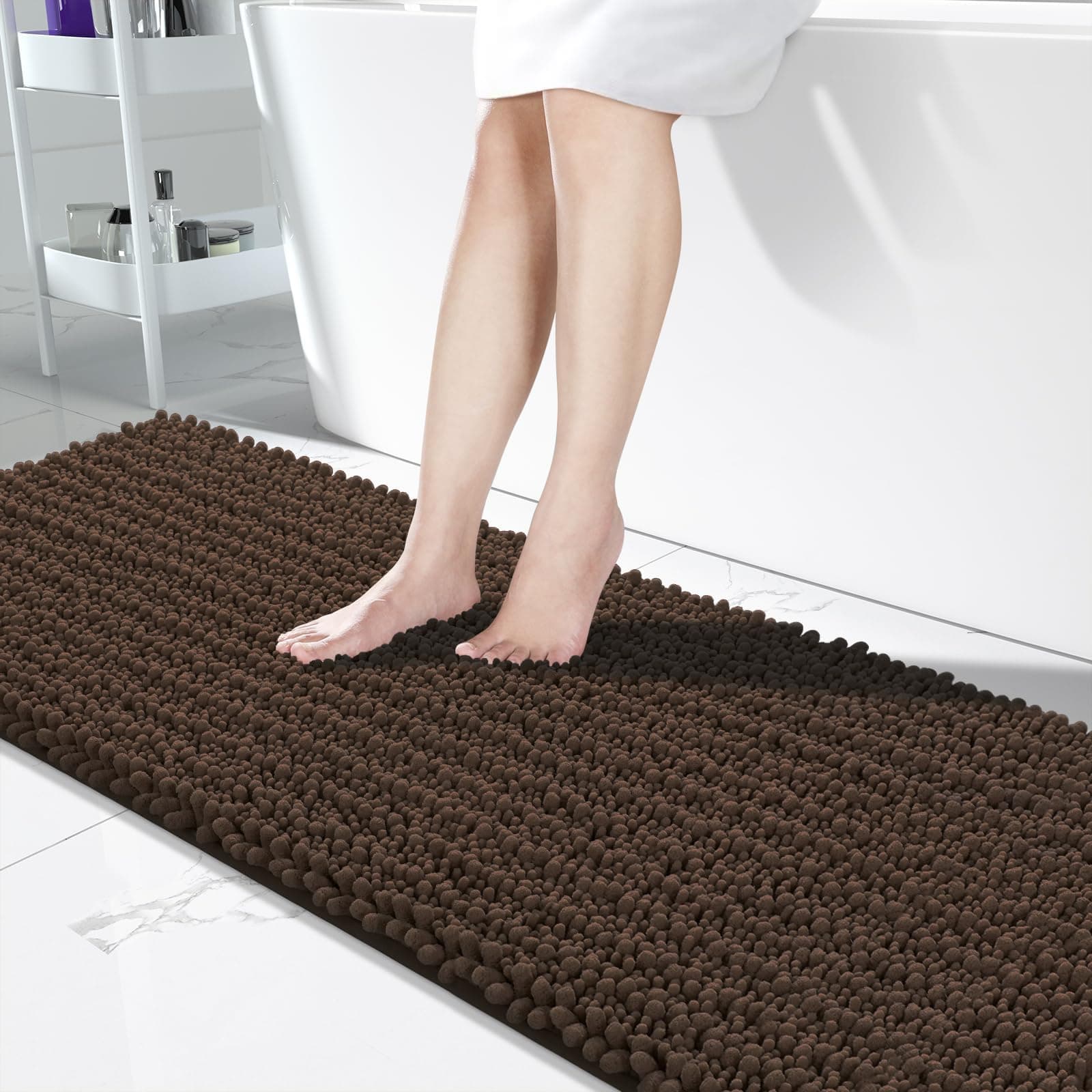 Yimobra Bathroom Runner Rug 70x24 Inch - Extra Long Non Slip Chenille Bath Mat, Soft & Absorbent, Machine Washable Shaggy Hallway Carpet for Vanity Tub Shower, Brown Home Decor Accessories