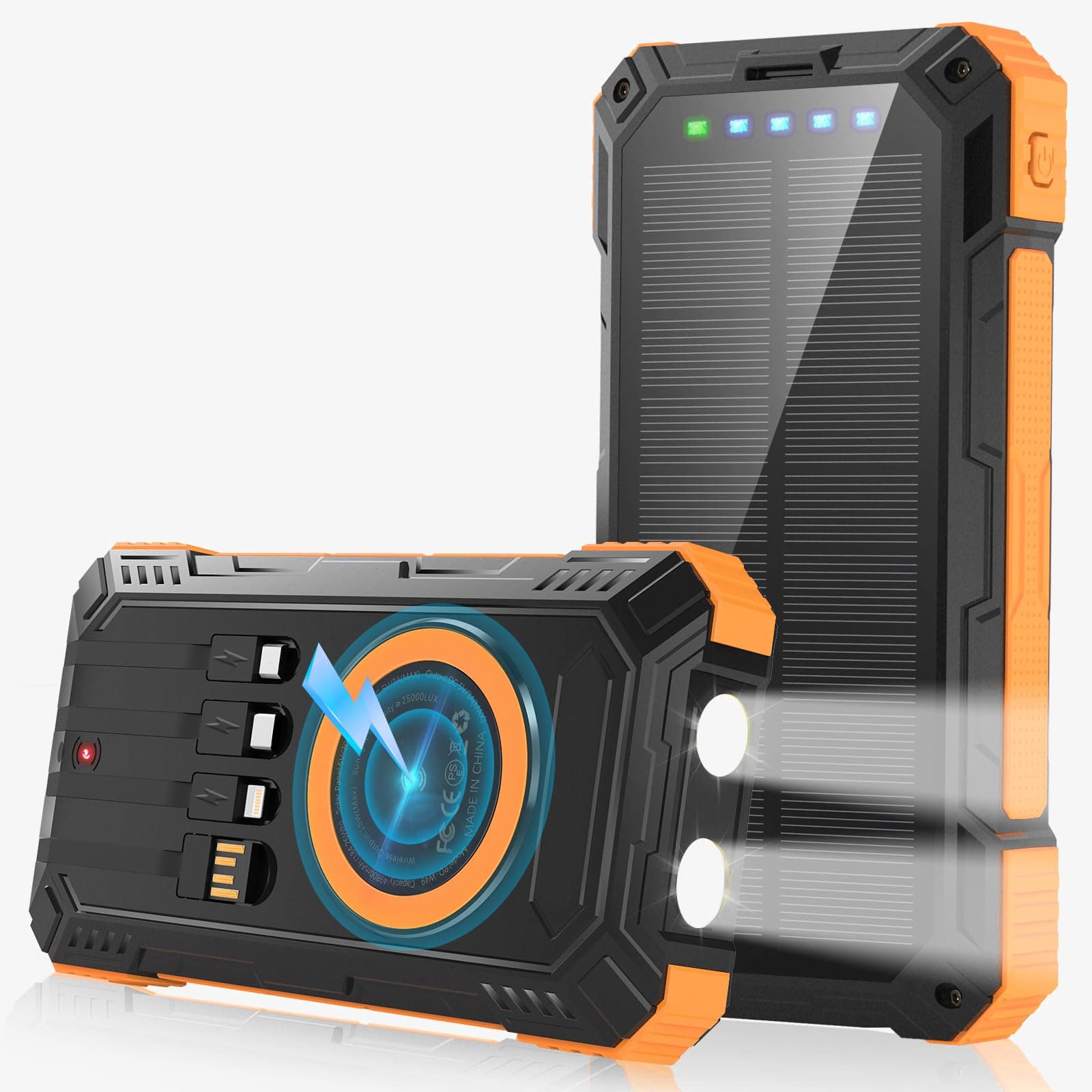 Power Bank Solar Charger,49800mAh Wireless Portable Charger with 4 Built-in Cables,22.5W Fast Charging Battery Pack USB-C in/Output PD+QC3.0 Portable Power Bank for All Cell Phones(Light Orange)