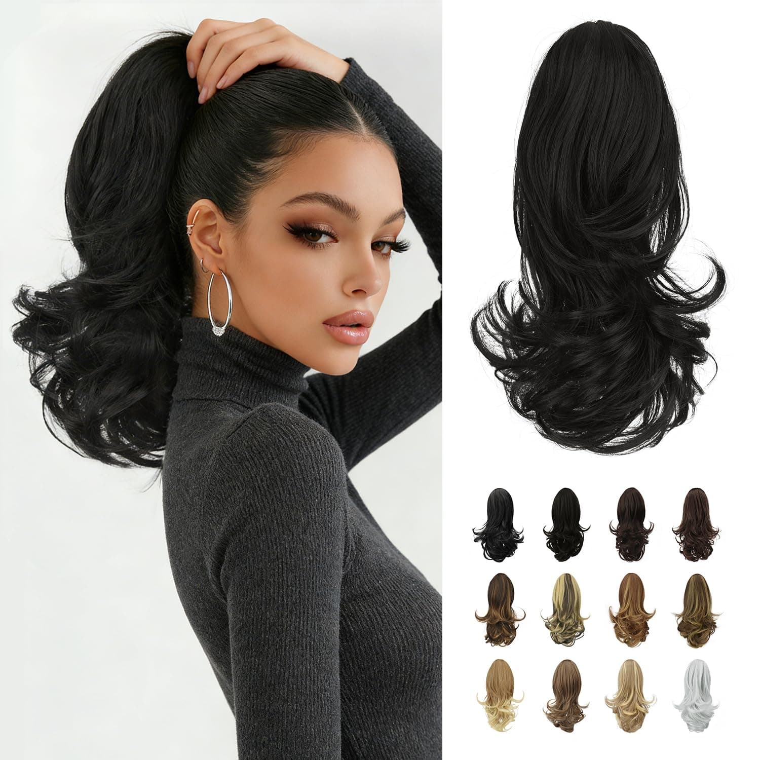 SOFEIYAN 13" Ponytail Extension Long Curly Ponytail Clip in Claw Hair Extension Natural Looking Synthetic Hairpiece for Women, Natural Black