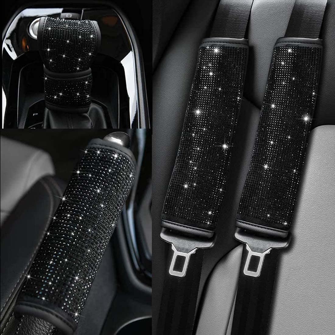 DONGYI Bling Bling Rhinestones Car Seat Belt, Microfiber Leather Seat Belt Shoulder Pads Crystal Handbrake Cover, Bling Ring Set 4 Pack Set Universal