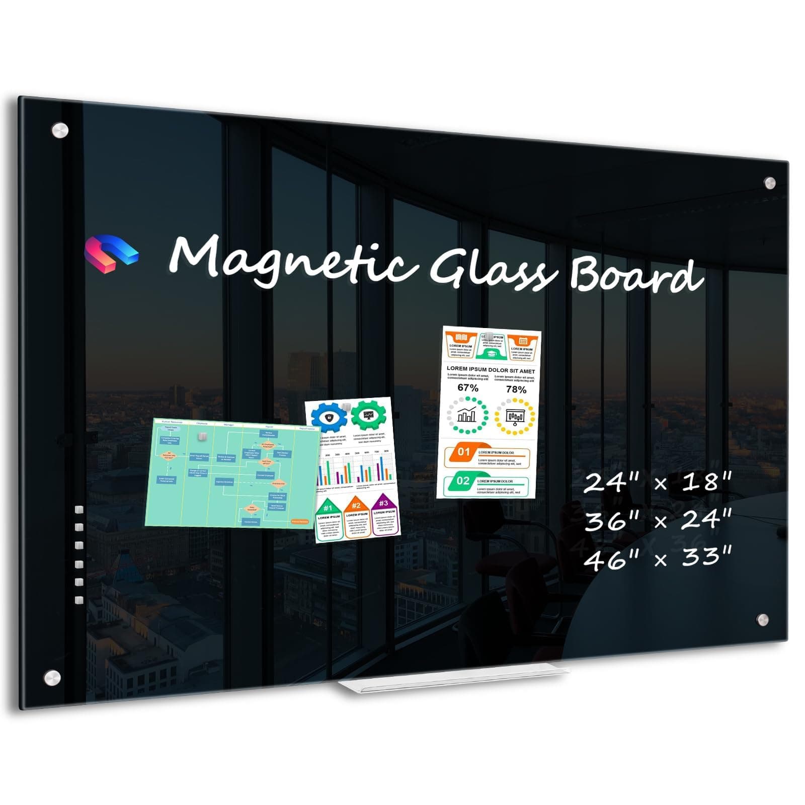 WALGLASS Black Dry Erase Board 46"x33", Large Magnetic Glass Board, Framless Tempered Black Glass Whiteboard for Walls, Office, School, 6 Strong Magnets, 1 Acrylic Pen Tray