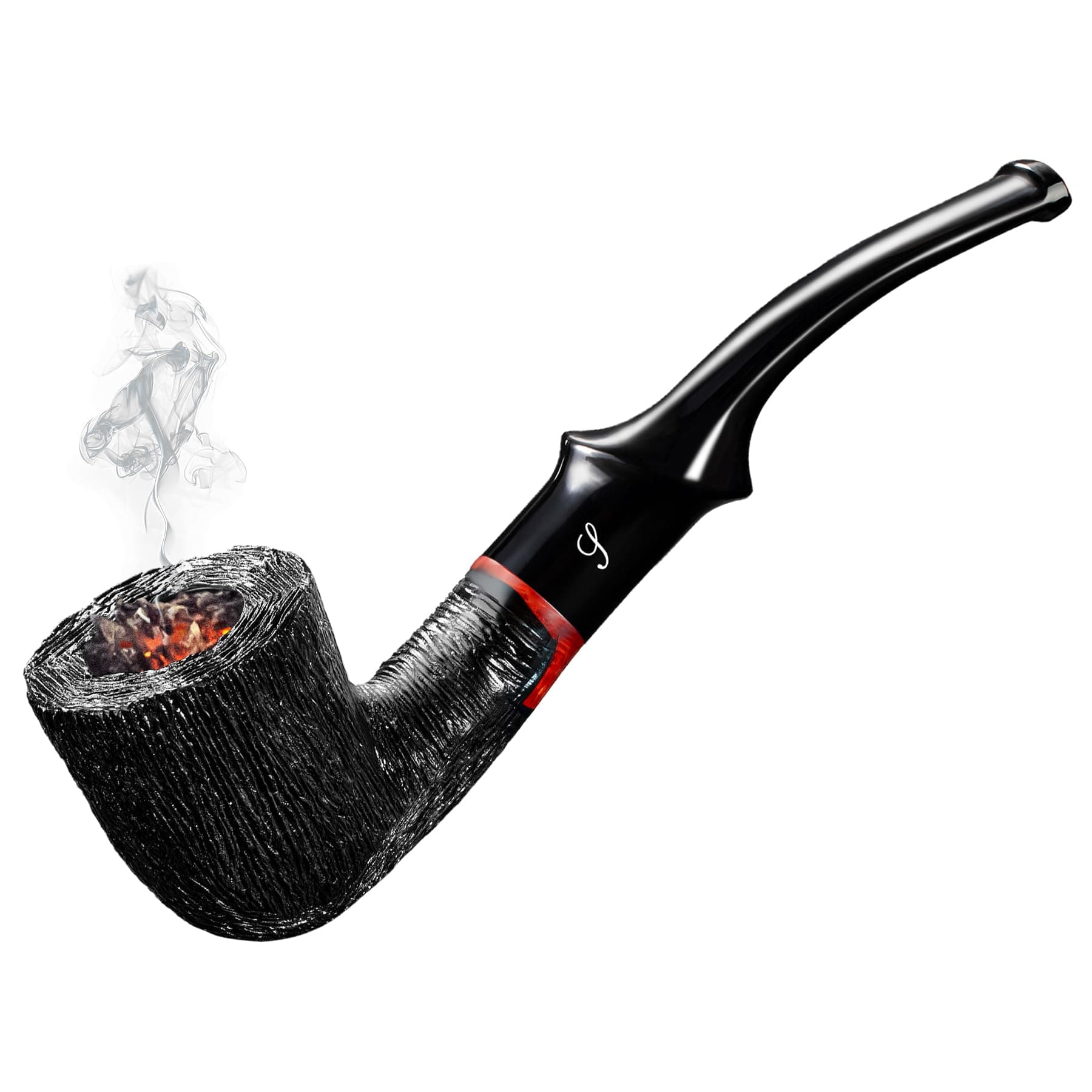 Briar Carving Craft Tobacco Pipe, 9mm Pipe Hole, Curved Handle Pipe Stem, Great Gift (BLACK)