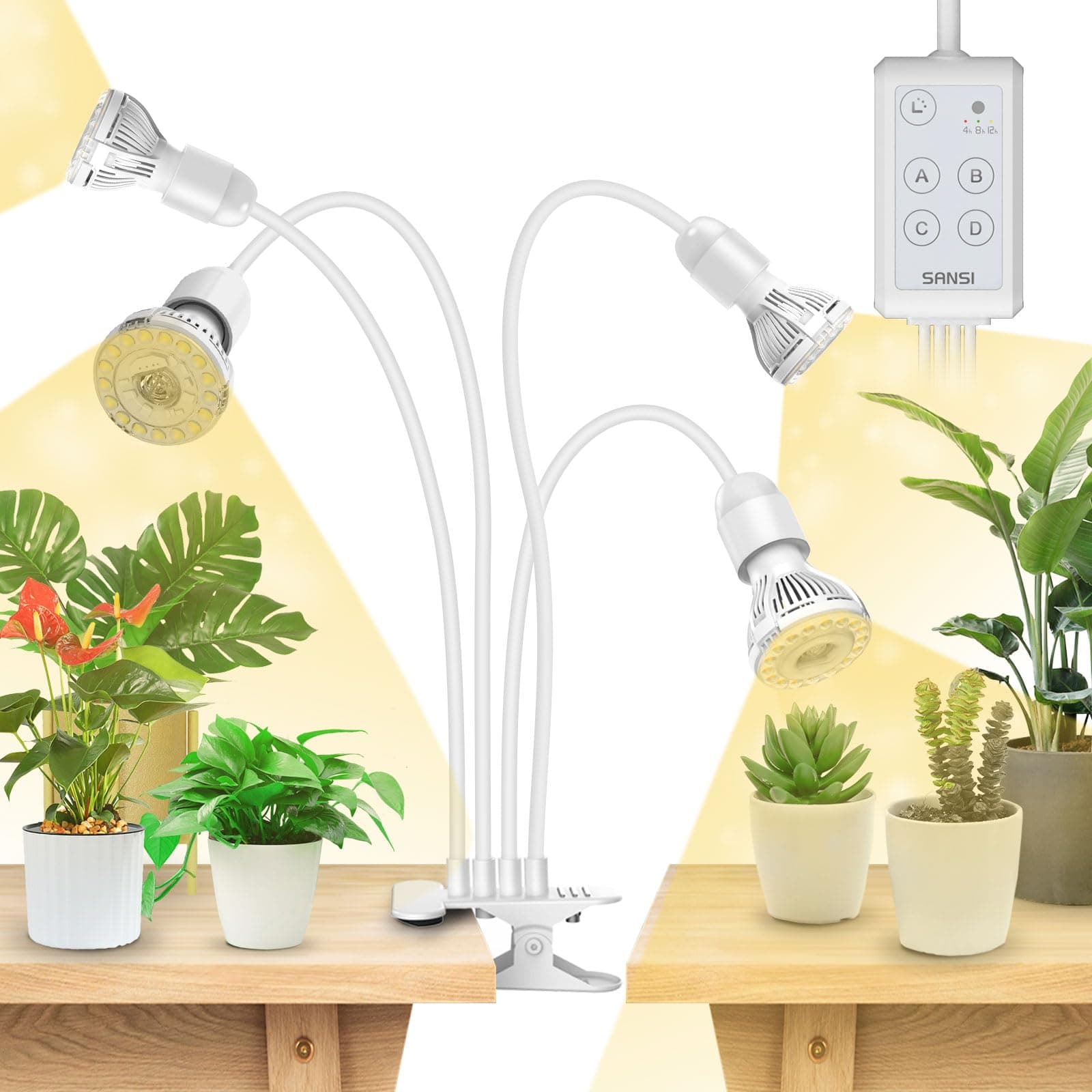SANSI 600W LED Grow Lights, 4-Head Full Spectrum LED Plant Lamp with Clip, 4000K Sunlike, Timer 4/8/12 Hrs for Indoor Seedlings Germination (Lifetime Free Bulb Replacements) - White
