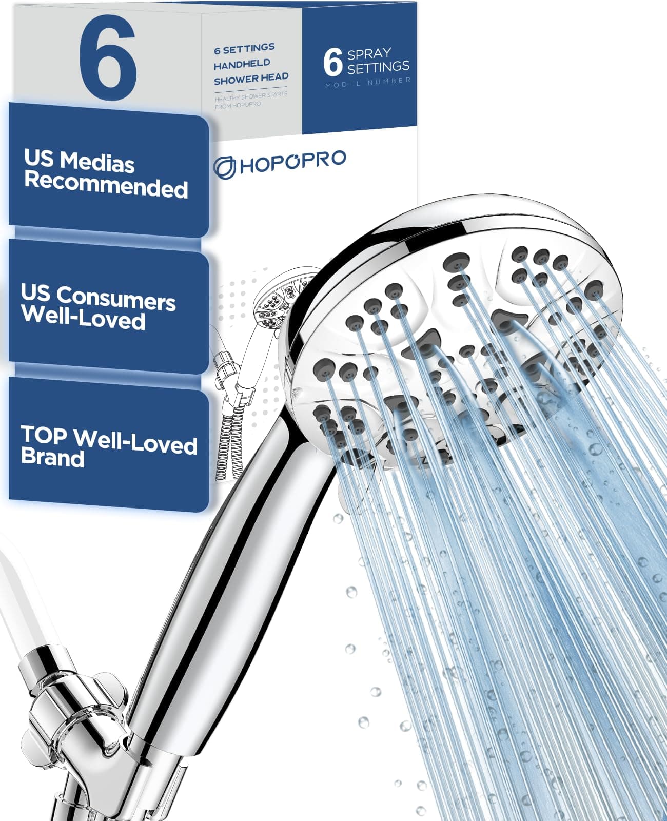 6 Functions Handheld Shower Head Set, HOPOPRO 2020 Newest High Pressure Shower Head High Flow Hand Held Showerhead Set with 59 Inch Hose Bracket Teflon Tape Rubber Washers
