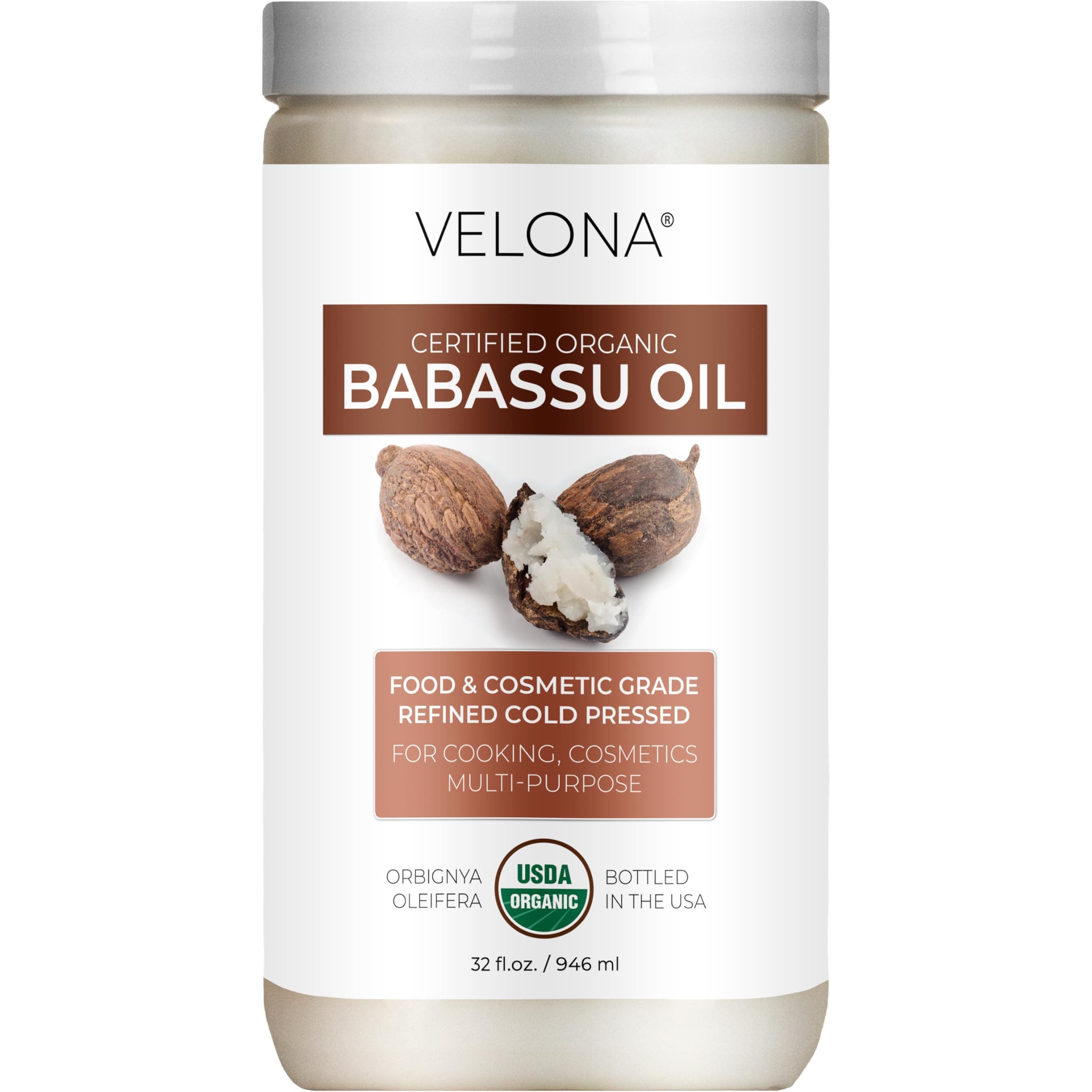 velona Babassu Oil USDA Certified Organic - 32 Fl Oz | 100% Pure and Natural Carrier Oil | Refined, Cold Pressed | Face, Hair, Body & Skin Care and Cooking | Use Today - Enjoy Results