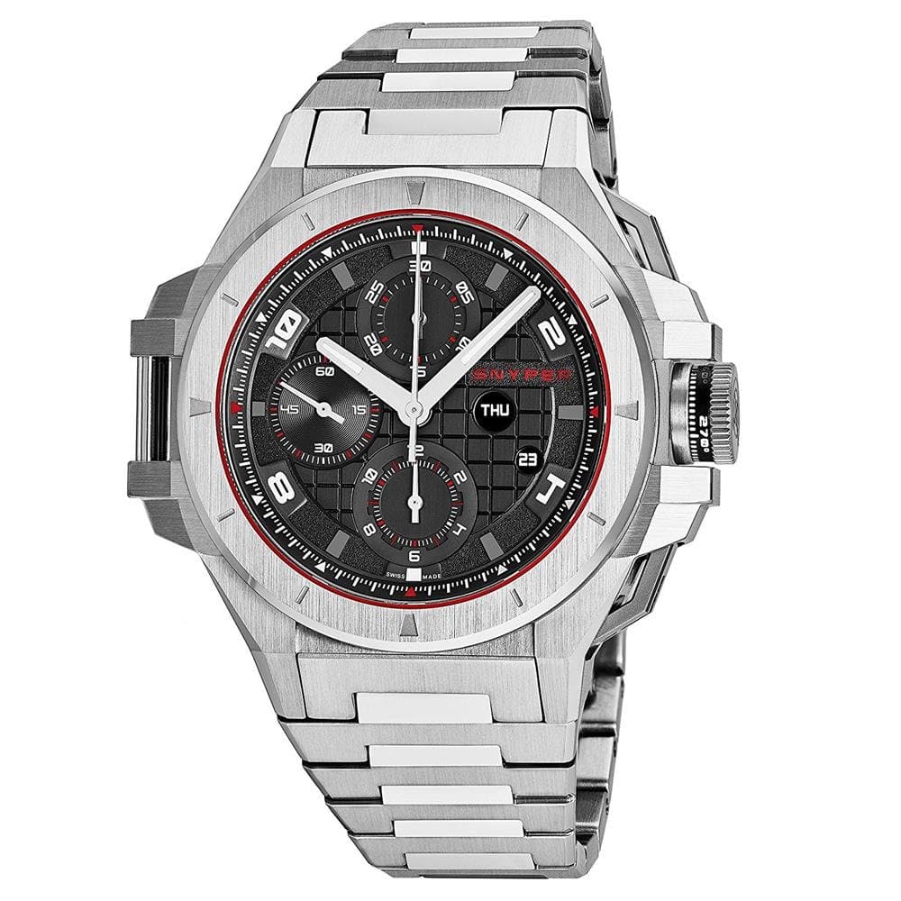 Snyper Ironclad Mens Automatic Chronograph Watch Stainless Steel Band - 44mm Analog Black Face with Day Date Sapphire Crystal - Swiss Made Military Chronograph Watches for Men Automatic 50.200.0M