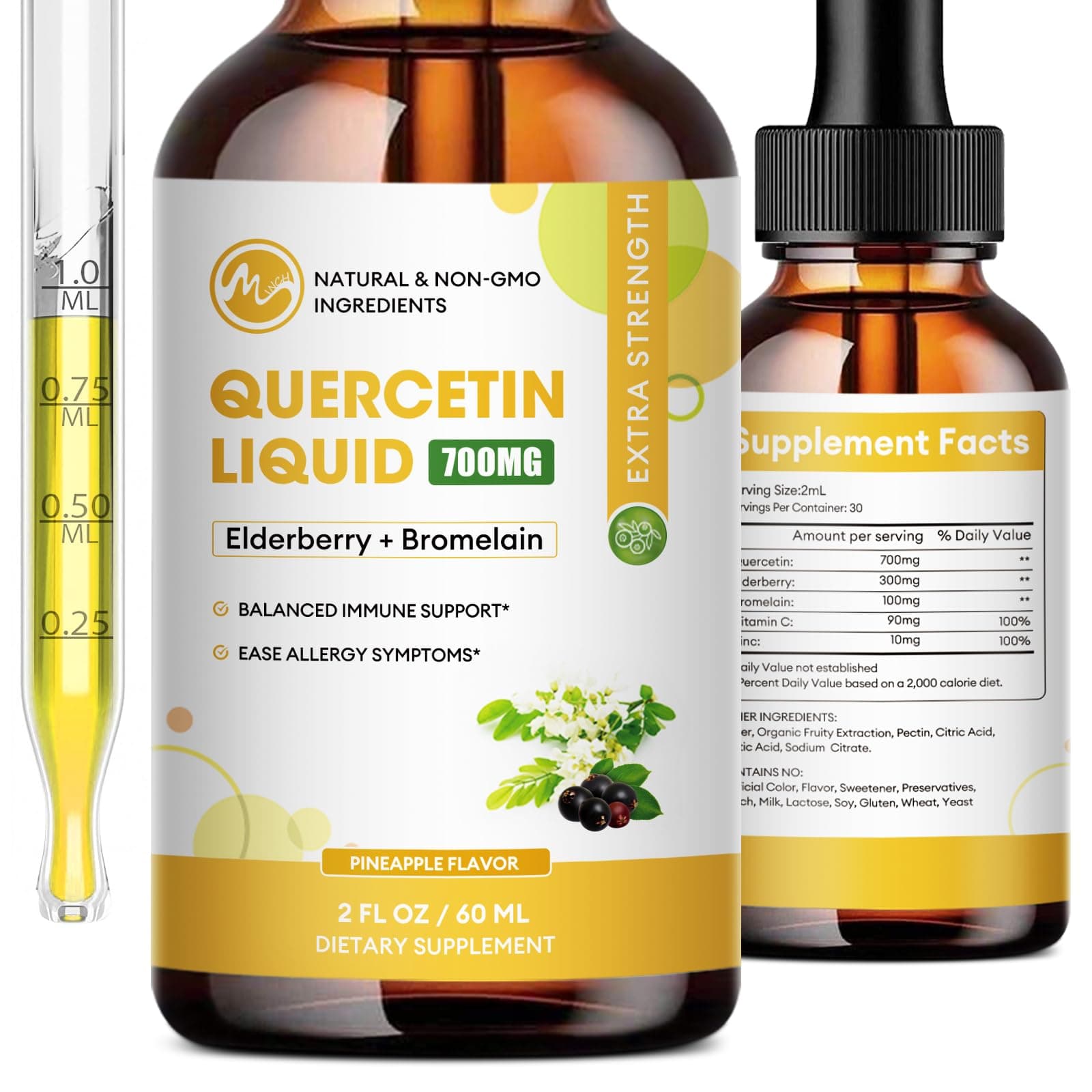 Quercetin Liquid Drops - Quercetin Supplements 700mg - 4X Stronger Than Pills & Capsules - 5 in 1 Quercetin with Bromelain Elderberry Vitamin for Immunity Health Respiratory Health Skin Care- 2 Fl Oz
