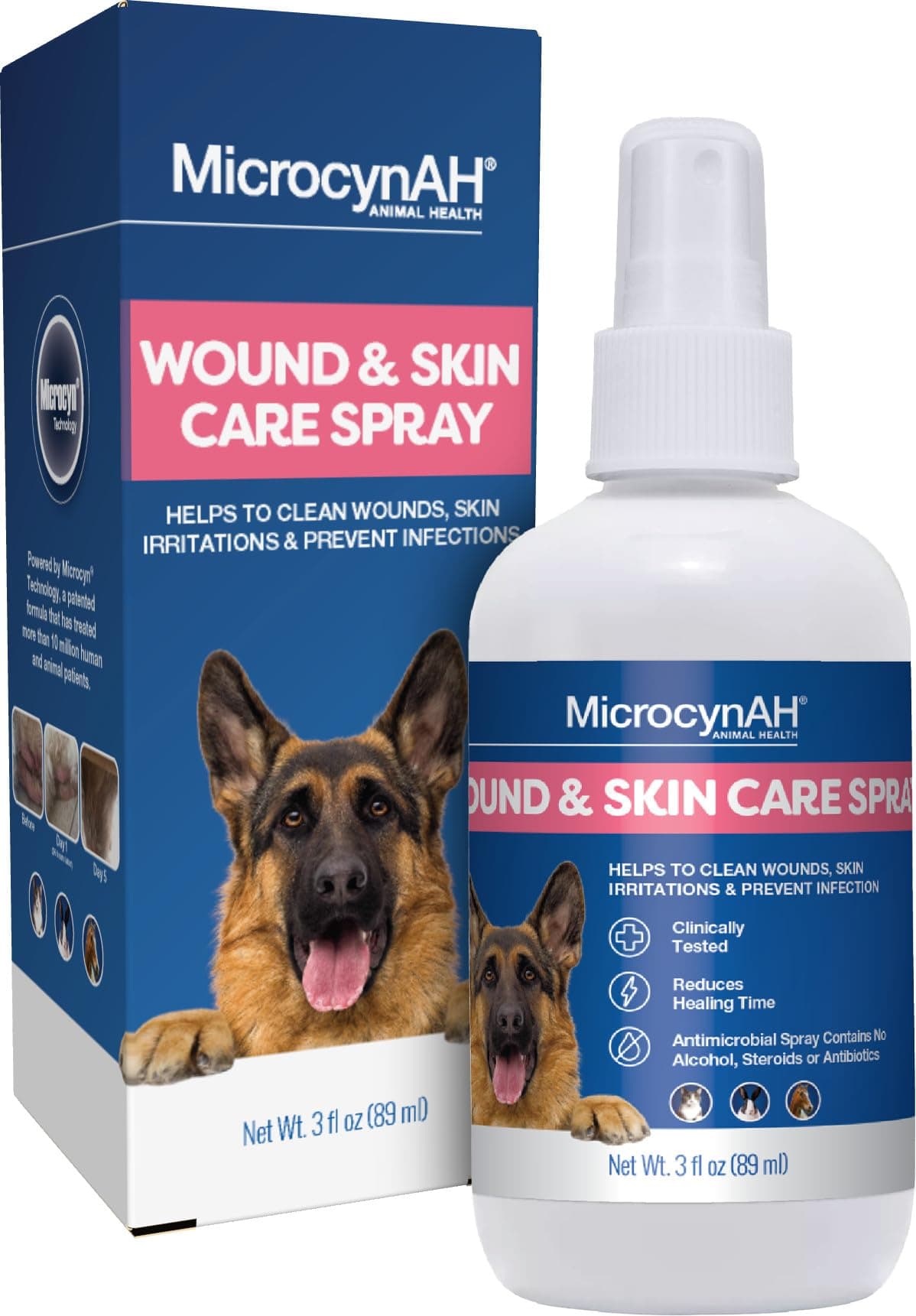 Manna Pro MicrocynAH®Wound & Skin Care Spray -Topical Application for Wounds & Irritations - Safe for All Animals, Species, & Skin Types - No Alcohol, Steroids, or Antibiotics- 3 Ounces