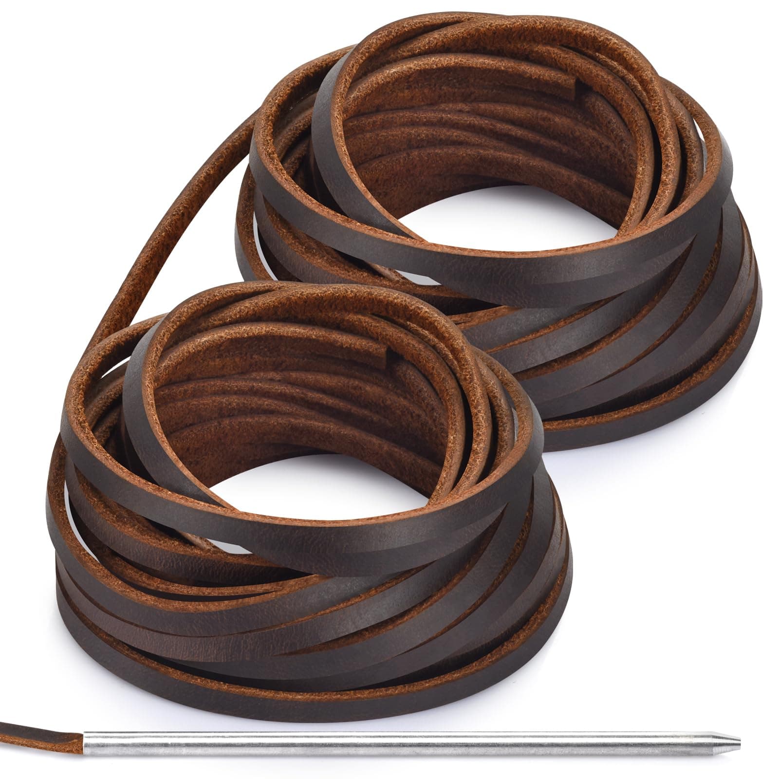 10 Yards Flat Genuine Leather Laces, Leather Strips Cord, Full Grain Cowhide Straps String for Braided, Braiding, Jewelry Making and Craft (4MM_Dark Brown_1 Lacing Needle)