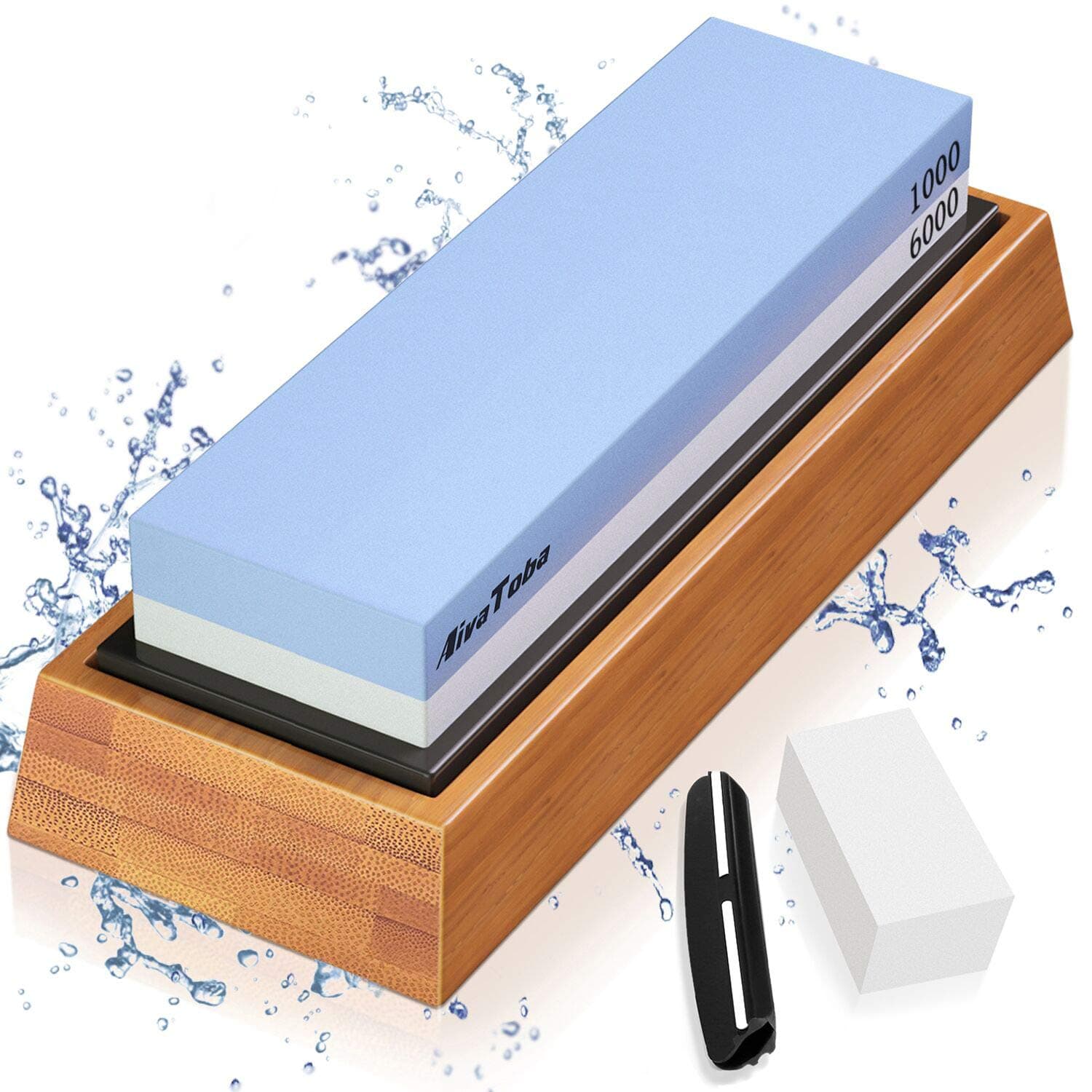 AivaToba Whetstone Knife Sharpening Stone Dual Side Grit 1000/6000 Whetstone with Angle Guide, Flattening Stone Water Stone for Kitchen (1000/6000)