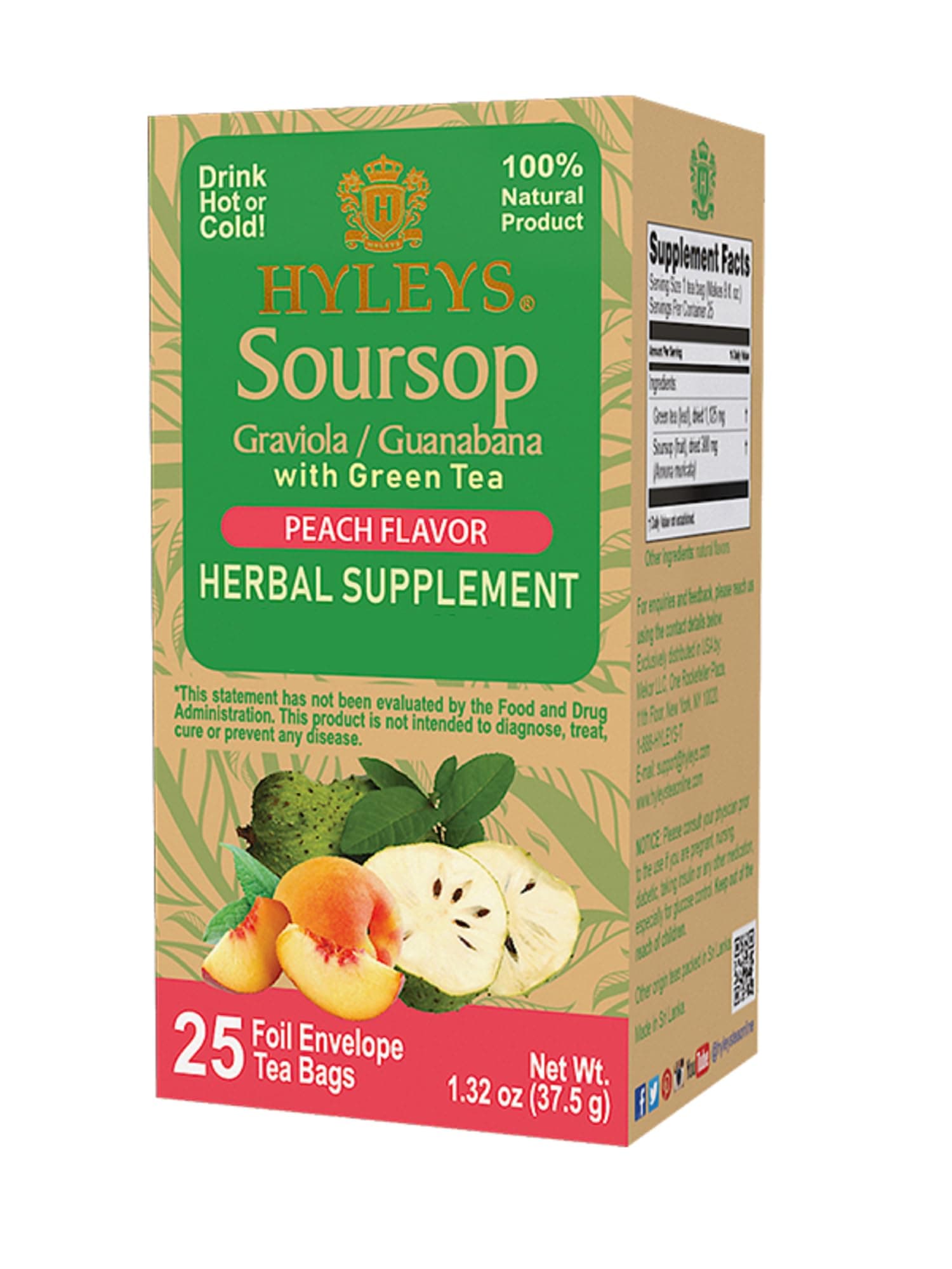 Soursop Graviola Guanabana with Green Tea - Peach Flavor - 25 Tea Bags - Support Overall Health