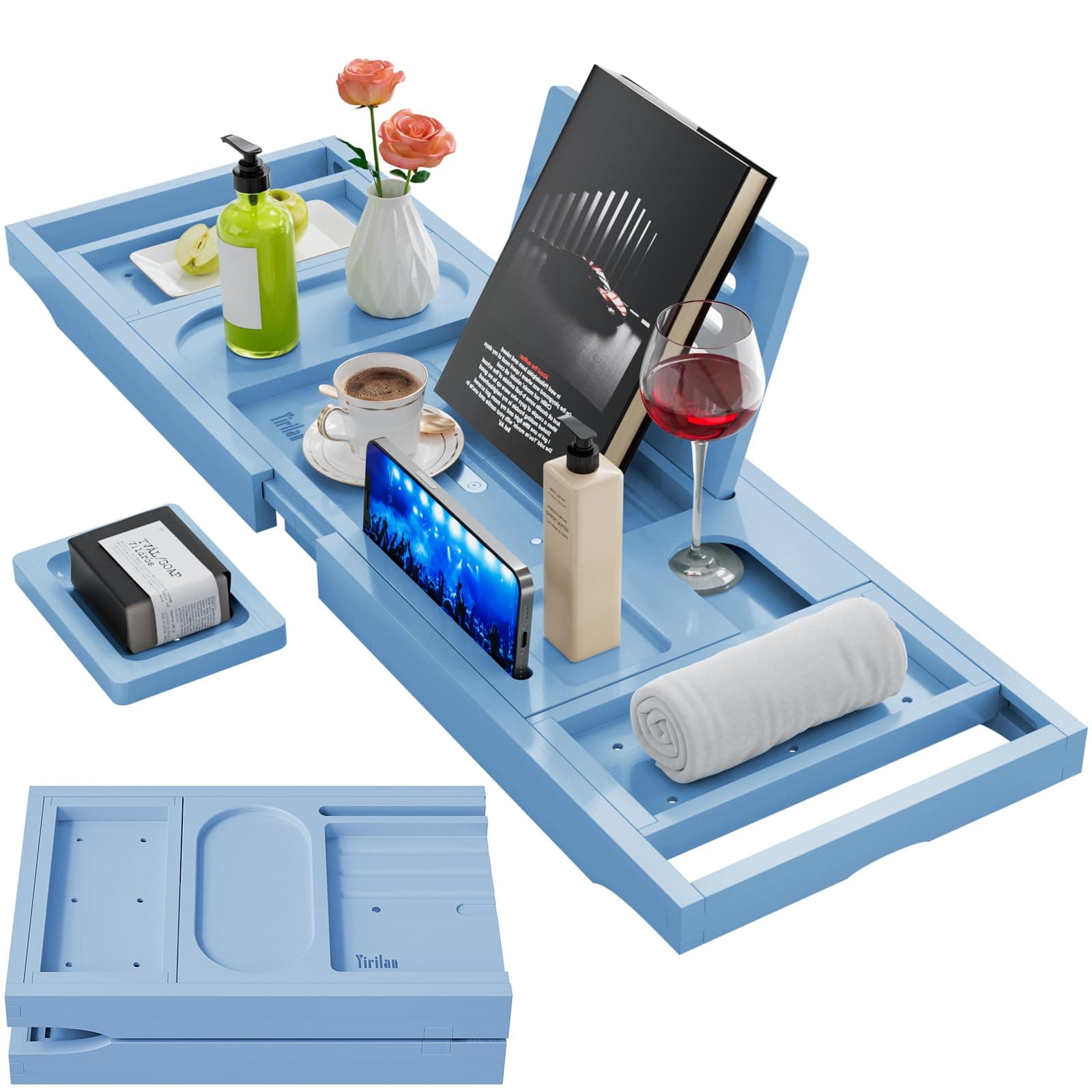 Yirilan Premium Bathtub Tray Caddy - Expandable Bath Tray - Unique House Warming Gifts, New Home, Anniversary & Wedding Gifts for Couple, Bridal Shower Gift for Women-Blue
