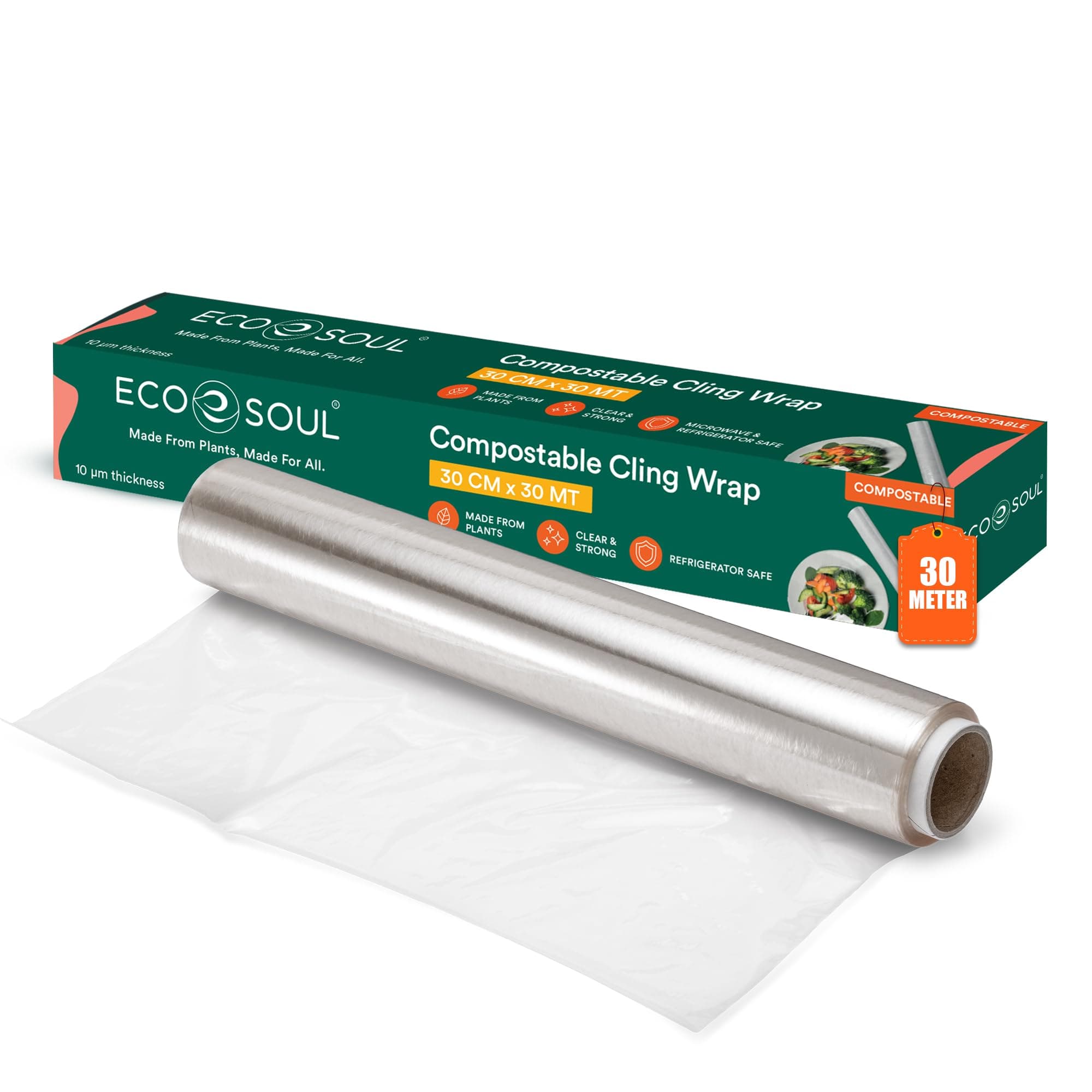 ECO SOUL [30 cm x 30 mtr] Compostable Cling Wrap | Plastic-Free Transparent Kitchen Film | Like Silver Aluminum Paper Foil/Roll | Food Wrapping, Covering & Packaging Sheet | BPA Free