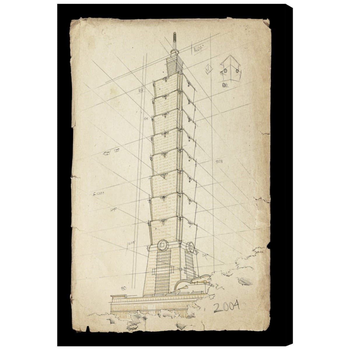 Taipei 101 2004 by Hatcher and Ethan x Oliver Gal | Contemporary Premium Canvas Art Print. The World Wall Art Decor Collection. 40x60 inch, Brown