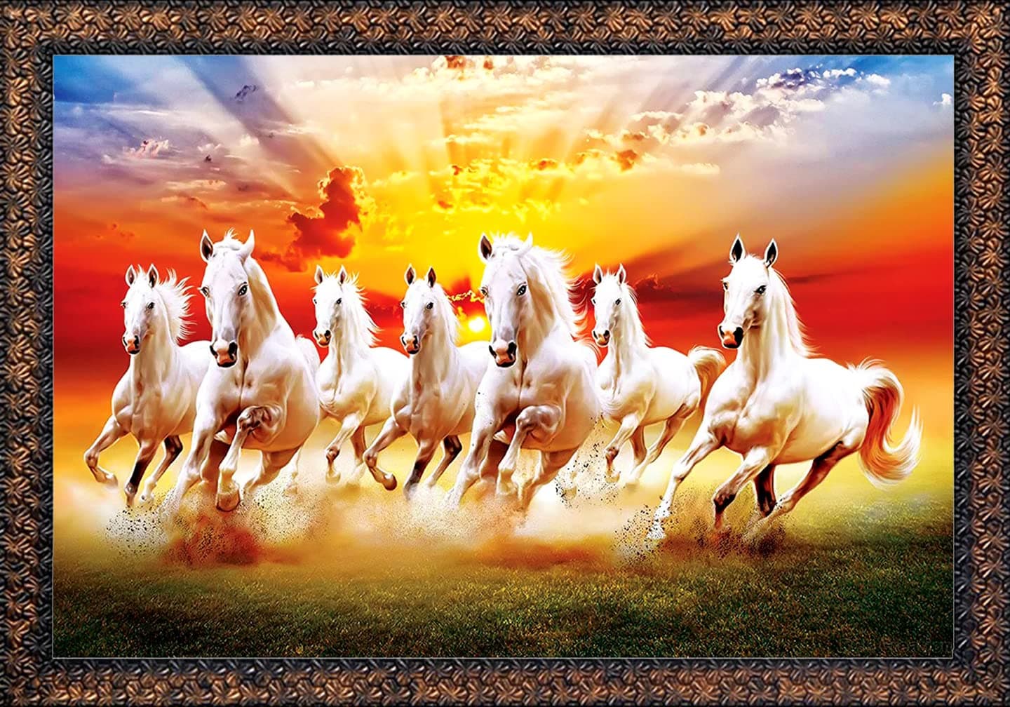 seven vastu running horse wall painting (53 cm x 70 cm single framed)