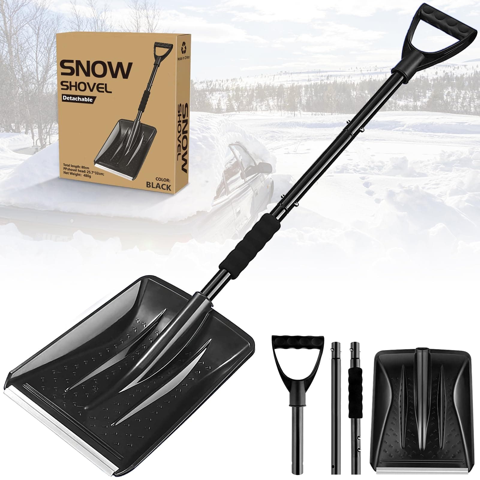 Snow Shovel, 4 in 1 Ergonomic Car Snow Shovels with Aluminum Handle Heavy Duty Snow Removal, Portable and Utility for Cars, Home, Garden, Mud and Snowman(Black)
