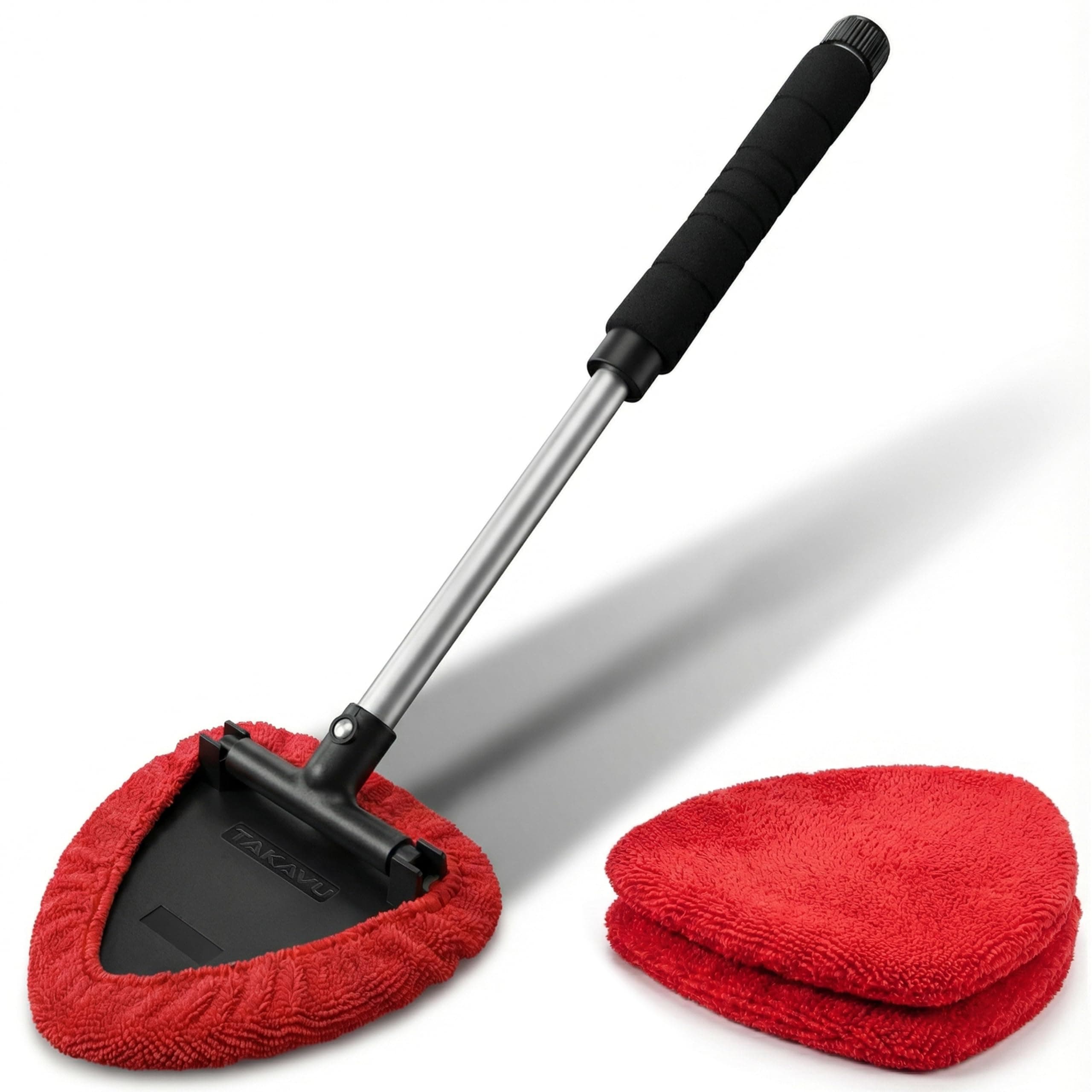TAKAVU Windshield Window Cleaner Tool, Extendable Long-Reach Handle, Unique Pivoting Triangular Head, 3 Washable Reusable Microfiber Bonnets, Car & Home Inside Interior Exterior Use - Lint Free (Red)
