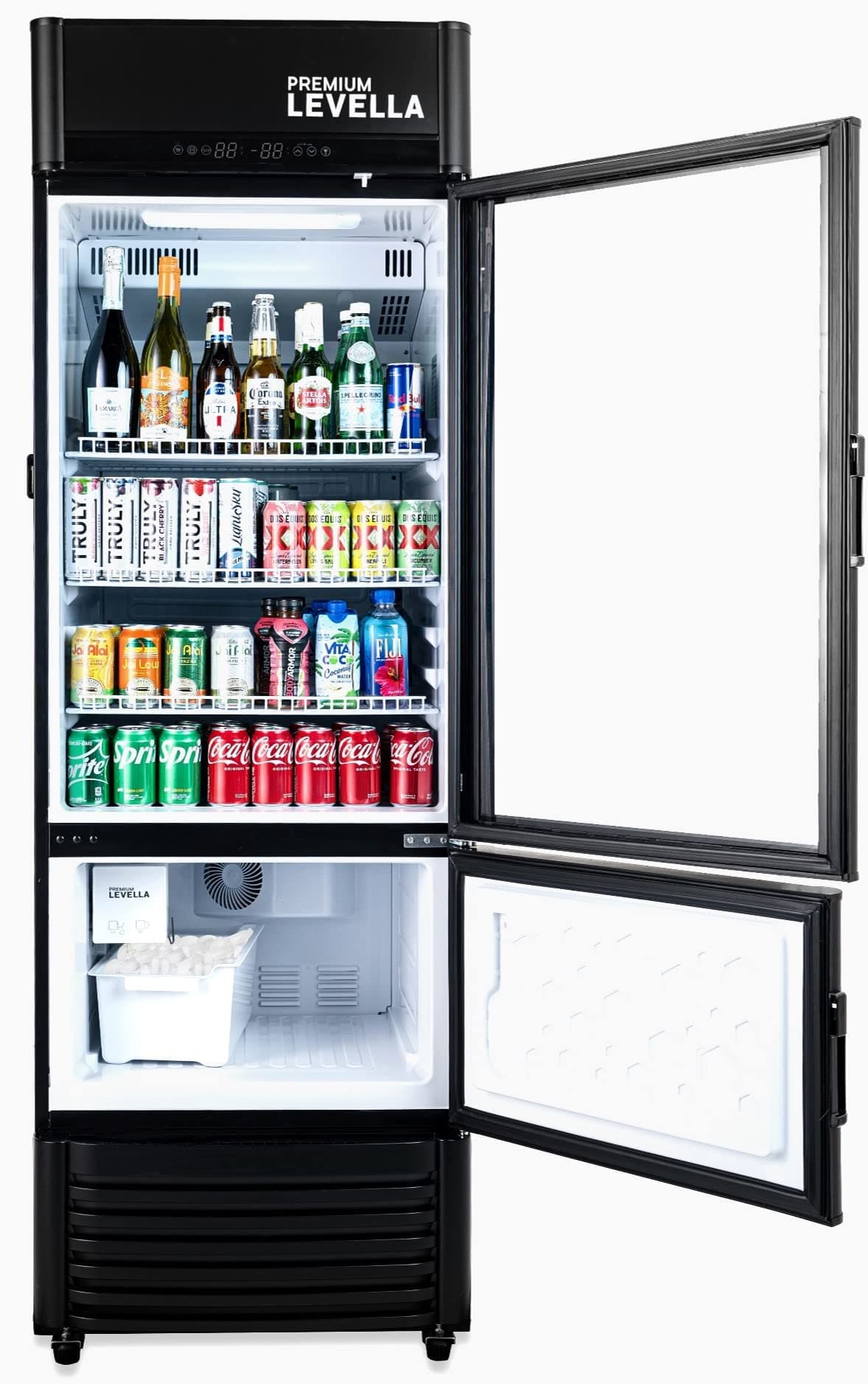 PremiumLevella PRFIM1257DX Glass Door Display Refrigerator 12.5 cu ft Commercial Beverage Cooler Merchandiser With Automatic Ice Maker