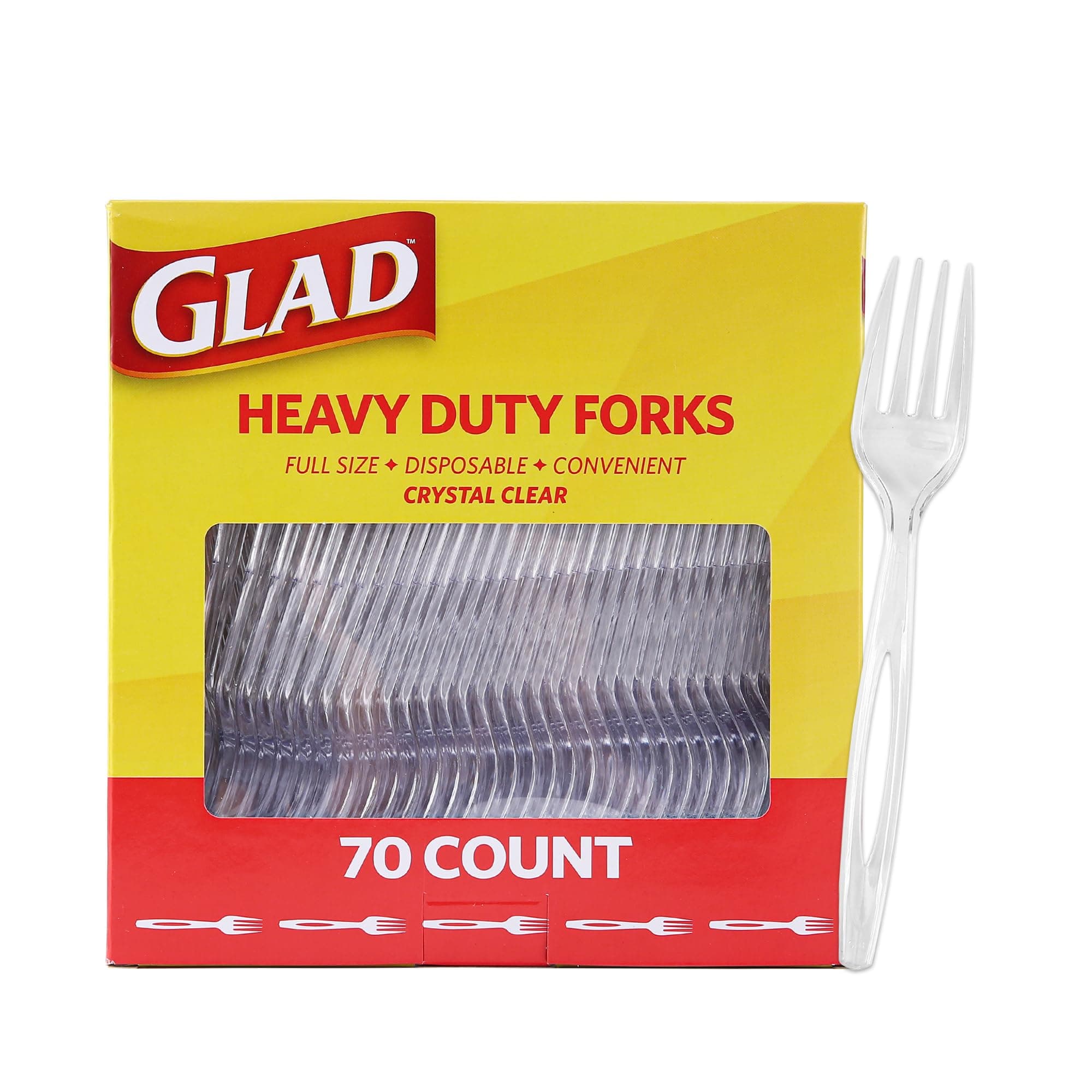 Glad Clear Heavy Duty Plastic Forks, Reduced-Plastic Open Handle, Break-Resistant Disposable or Top-Rack Reusable Cutlery for Parties, Camping & Everyday Meals, Standard Size, 70 Count