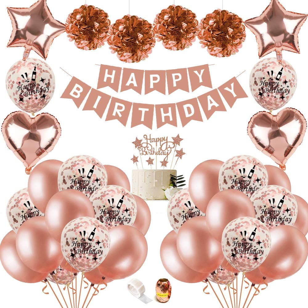 Birthday Decoration Women, Birthday Balloons Rose Gold with DIY Cake Topper, Happy Birthday Banner, Sparkling Tassels, Lettered Confetti Balloons for Women Girl 18th 21st 30th 40th 50th