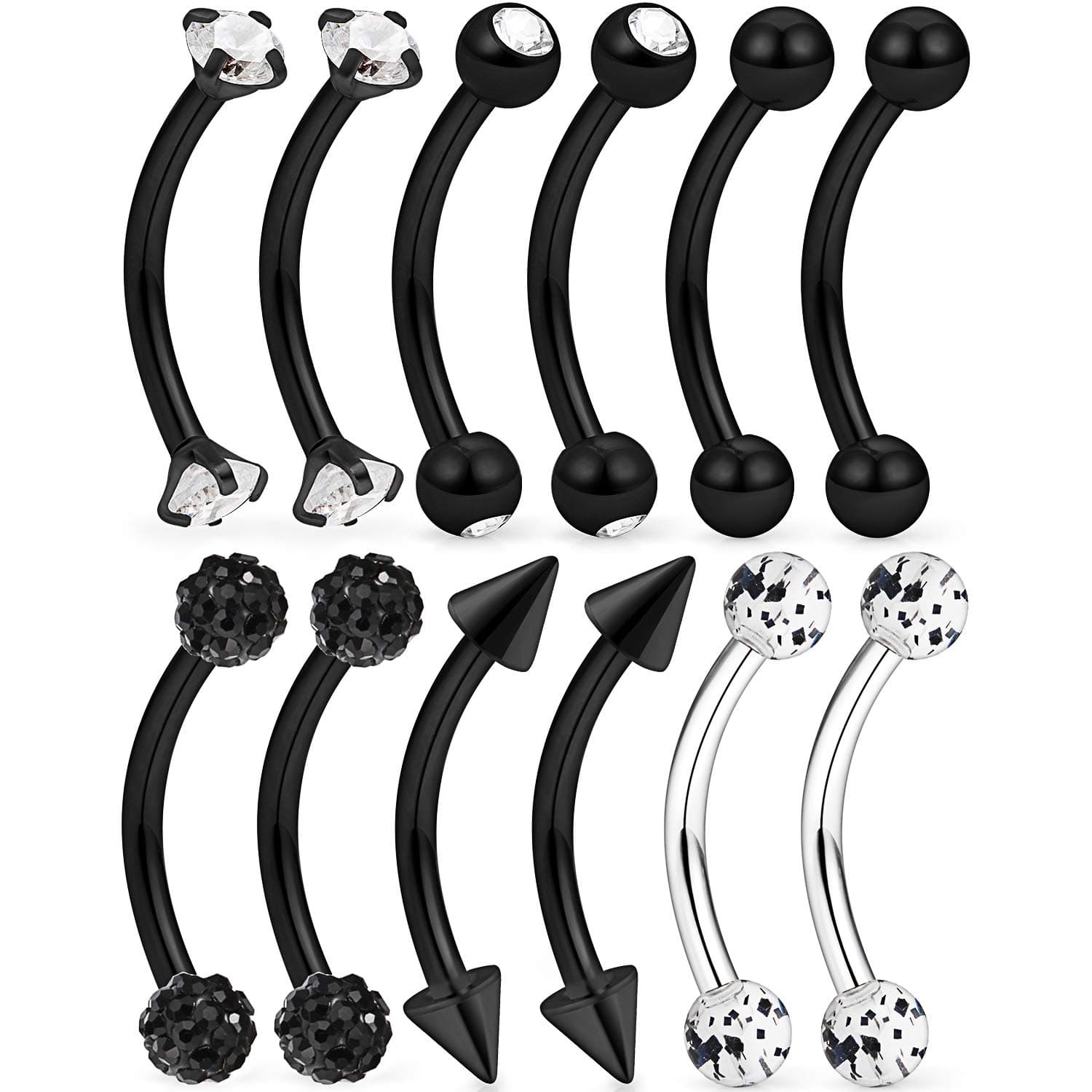 6-12 Pcs 16G Stainless Steel Eyebrow Piercing Rings Clear CZ Curved Barbell Helix Daith Piercing Body Jewelry for Women Men