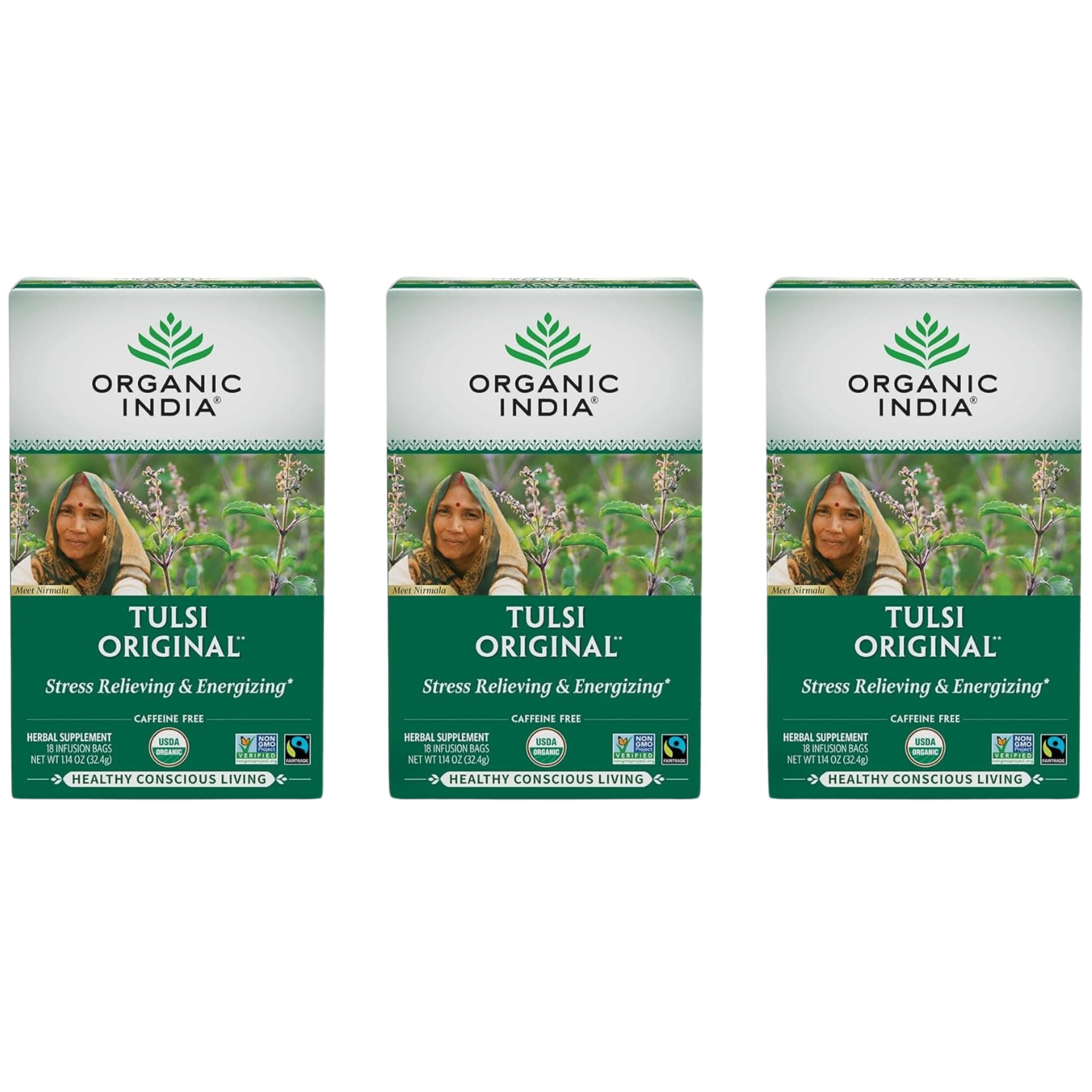 Tulsi Original Herbal Tea - Holy Basil and African Basil Calming and Stress Relief Tea, Immune Support, USDA Certified Organic, Non-GMO, Caffeine-Free - 18 Infusion Bags, 3 Pack
