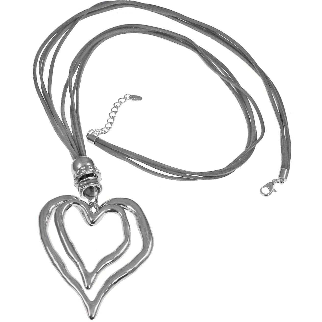 Unique Gifts On The Web Lagenlook Silver Large Heart Pendant & Cubic Zirconia Dress wear Suede Fashion Costume Jewellery Necklace