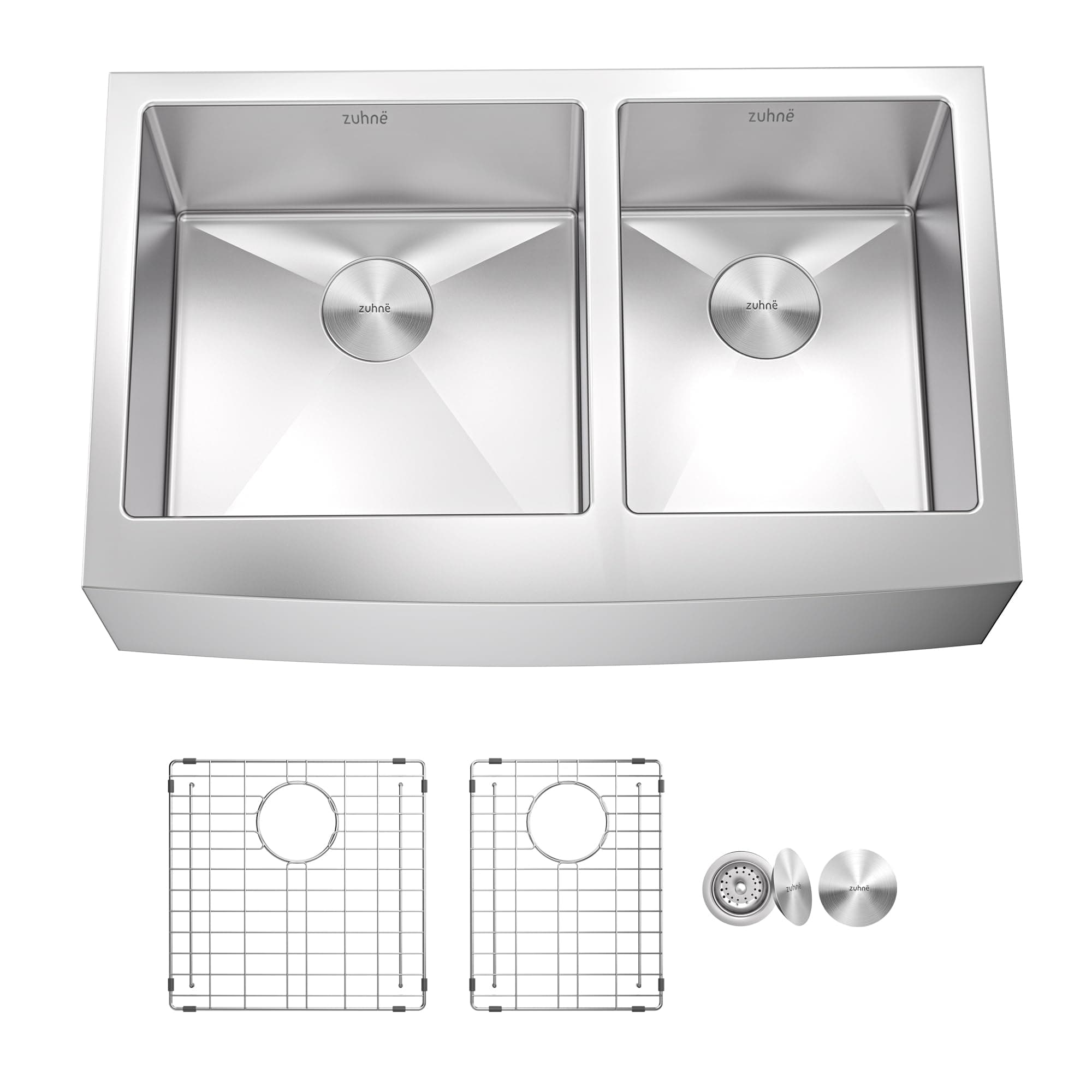 Zuhnë Turin 33 Farmhouse Kitchen Sink, 16 Gauge T304 Stainless Steel, Satin Finish, DualPro Sound Guard, Double Bowl 32.9 x 20.8 x 10 in, Curved Corners, Sloped Bottom
