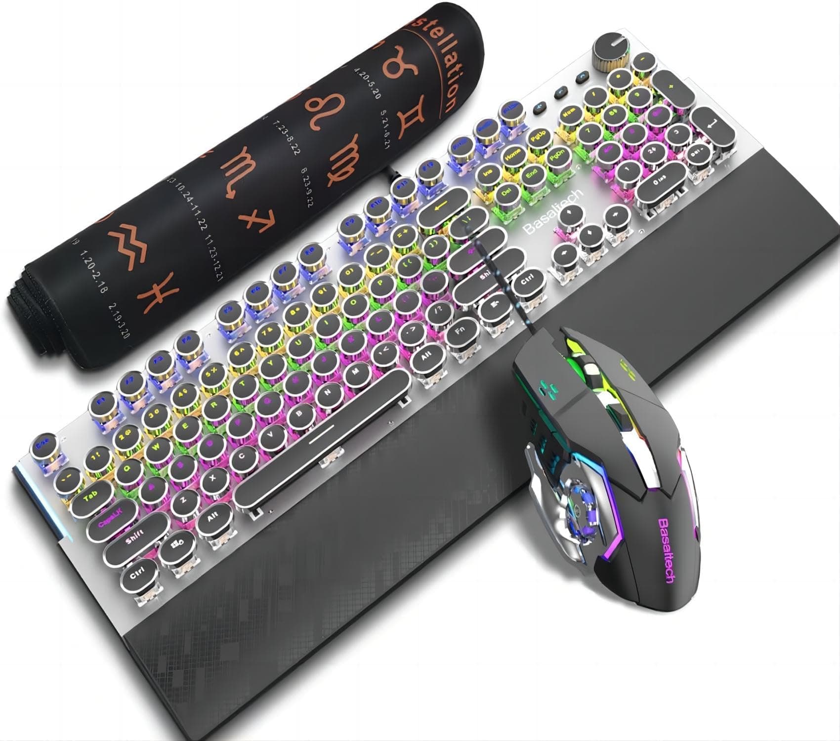 Basaltech Typewriter Style Mechanical Keyboard and Mouse Combo, Gaming Keyboard with Collapsible Wrist Rest, RGB Backlight Blue Switch Metal Penal, Round Keycaps Keyboard for PC