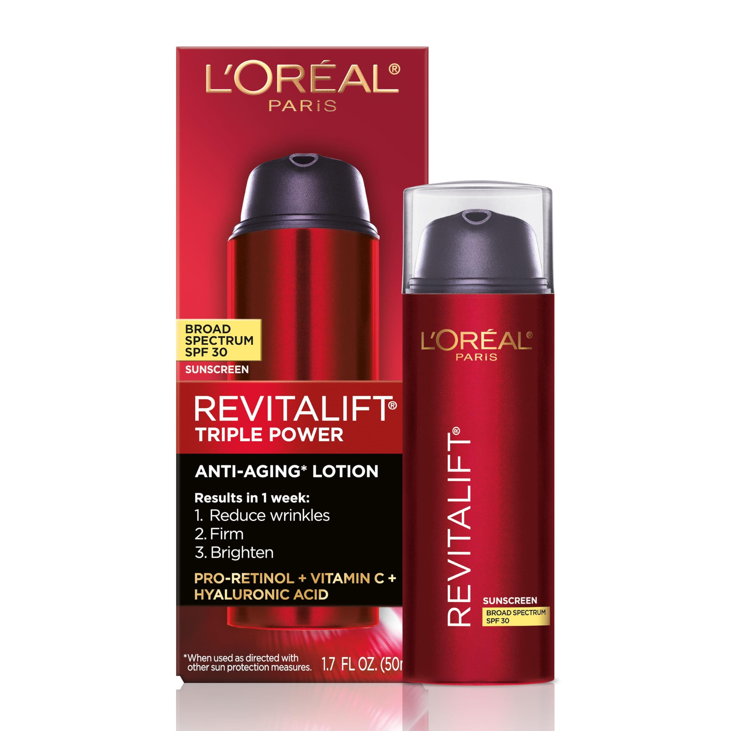 L'Oreal Paris Revitalift Triple Power Anti-Aging Broad Spectrum SPF 30 Sunscreen, Pro Retinol, Hyaluronic Acid & Vitamin C Lotion, Reduces Wrinkles 1.7 Oz