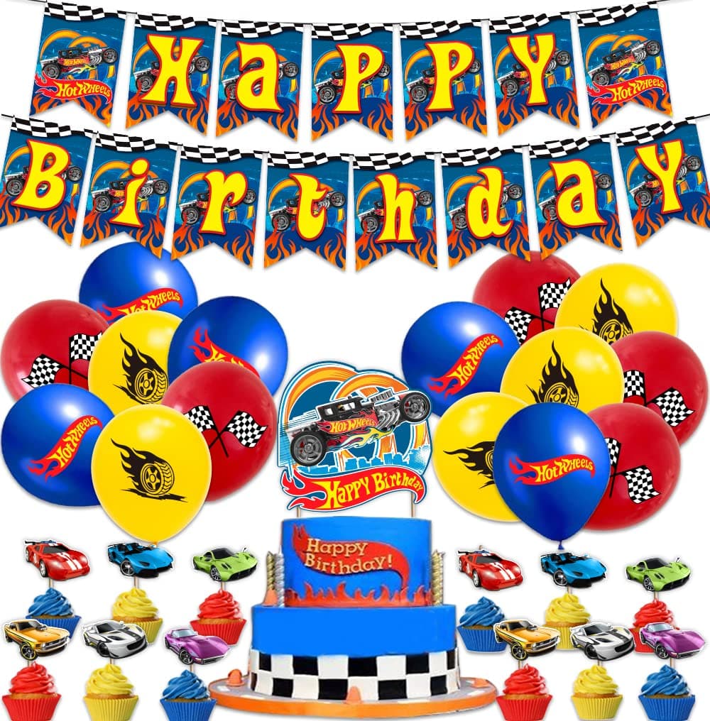 Hot Car Birthday Party Supplies, Party Decorations Includes Happy Birthday Banner, Balloons, Cake Toppers and Cupcake Toppers for Kids Gift Birthday Party
