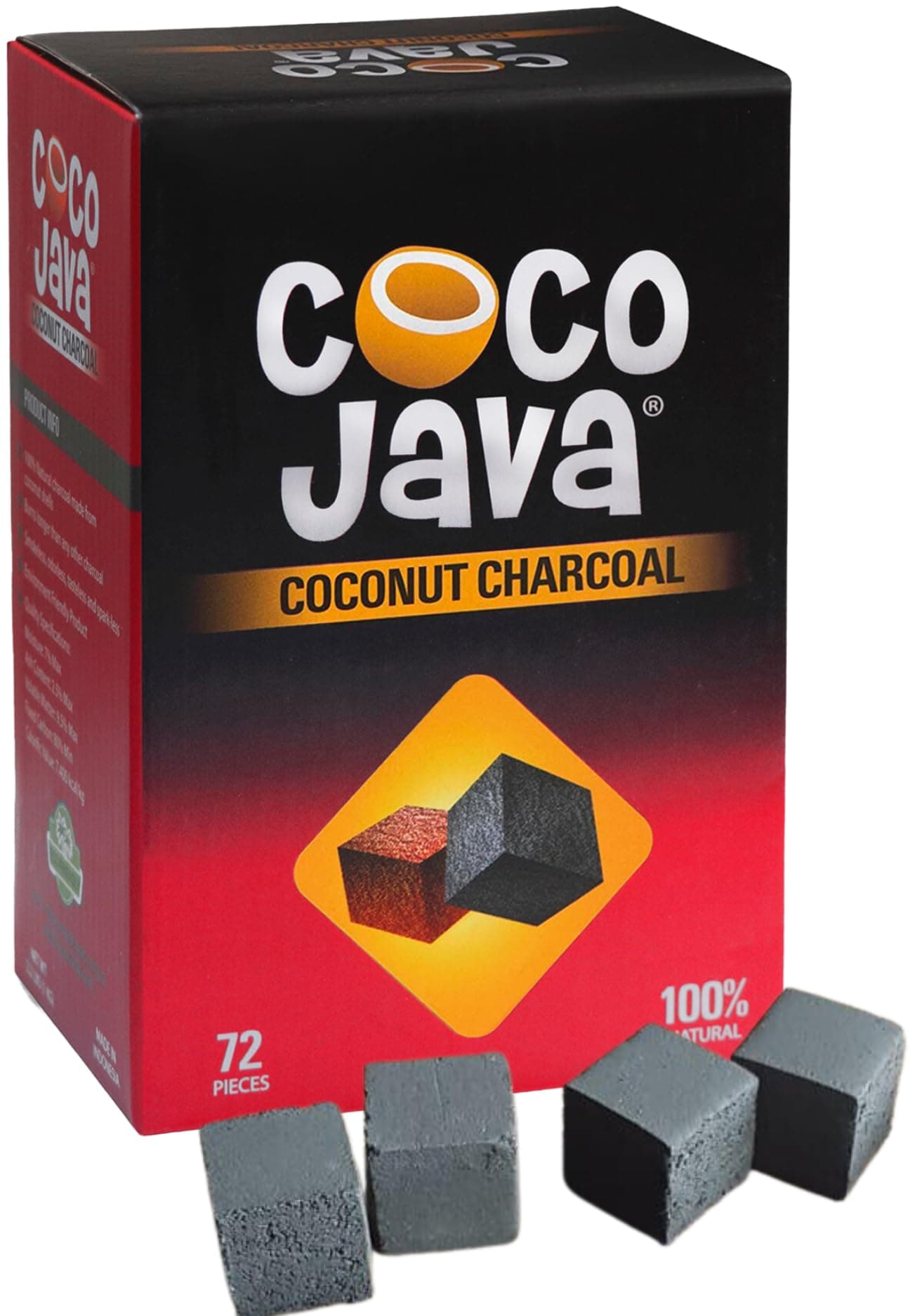 Natural Coconut Charcoals Includes 72 Pieces Charcoal Cubes, Coconut Shell Charcoal Perfect for Cooking and Grilling, Coco Java Charcoal Burns Longer and Cleaner - 25mm Coconut Cubes (1KG)