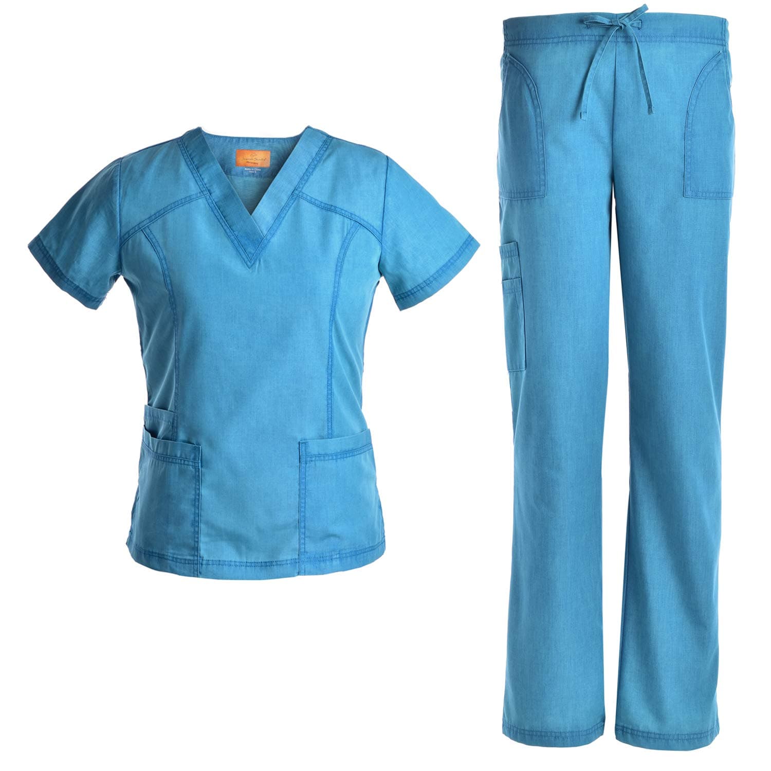 Jeanish V Neck Scrubs Set Superior Softness Washed Lady Women Scrubs Workwear Top and Pants JS1605 (CRB, S) Caribbean