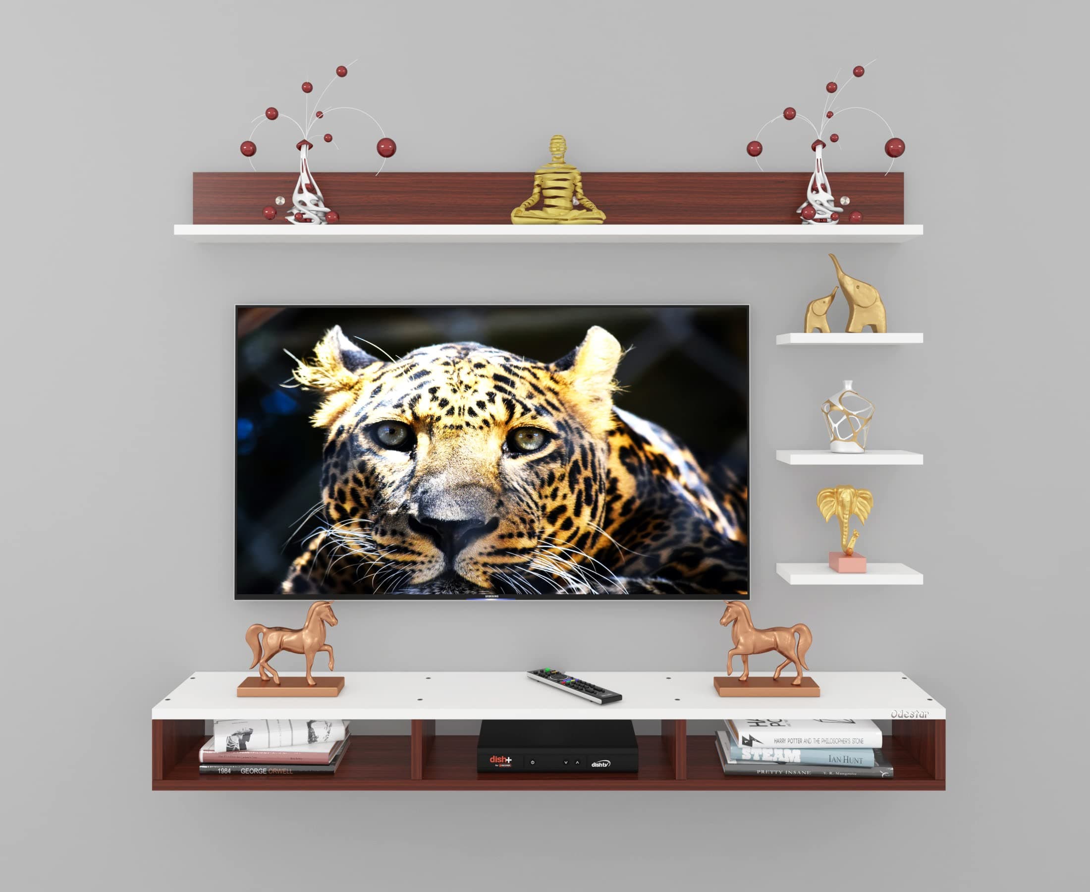 Odestar Crosby Engineered Wood Wall Mount TV Entertainment Unit/with Set Top Box Stand - Classic Walnut/White(Ideal up to 32 to 43") Tv Screen