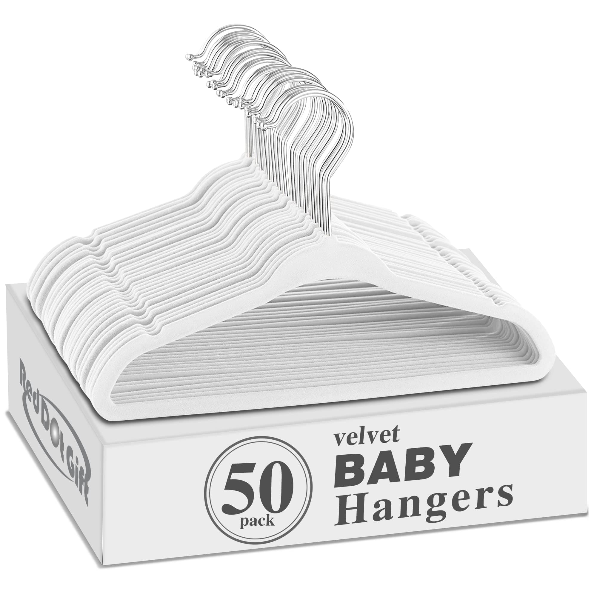 50 Pack Baby Velvet Hangers 11Inch/28cm - Nursery Clothes Hangers Non Slip Toddler Hangers, 360 Chrome Swivel Hook (White, 50)