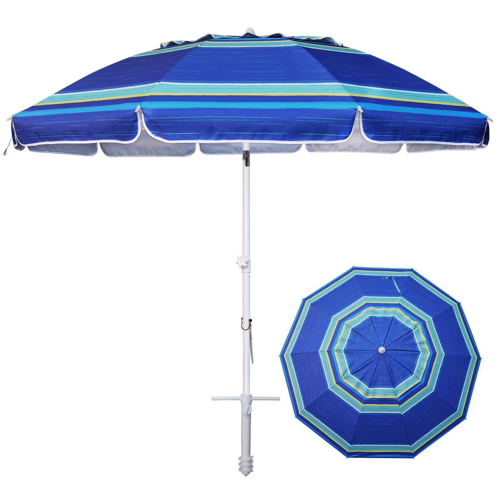 8 Feet Large Beach Umbrella with Sand Anchor Heavy Duty High Wind Portable Outdoor Umbrellas UV 50+ Protection Air Vent Tilt Patio Garden Pool