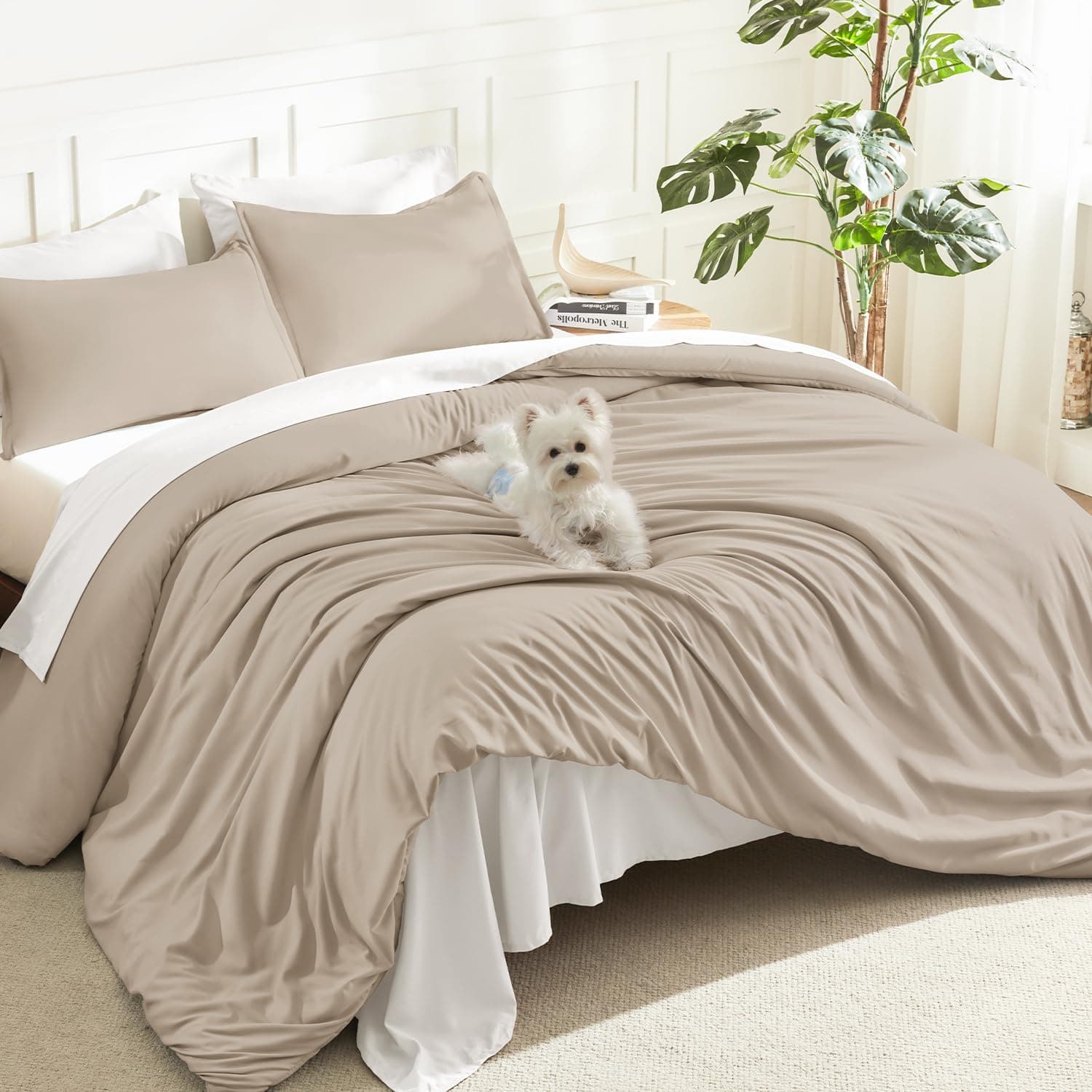 Litanika Khaki Comforter Set Queen Size, 3 Pieces Solid Bedding Comforter Set, All Season Down Alternative Bed Set (90x90In Comforter & 2 Pillowcases)