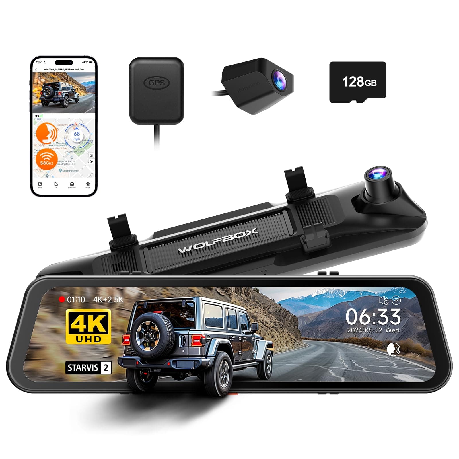 G900 PRO Mirror Dash Cam with 8MP STARVIS IMX678, 12 inches Rear View Mirror Camera with Front 4K and Rear 2.5K, Included 128GB Card, Voice Control, 5.8GHz WiFi, Loop Recording, G-Sensor & GPS