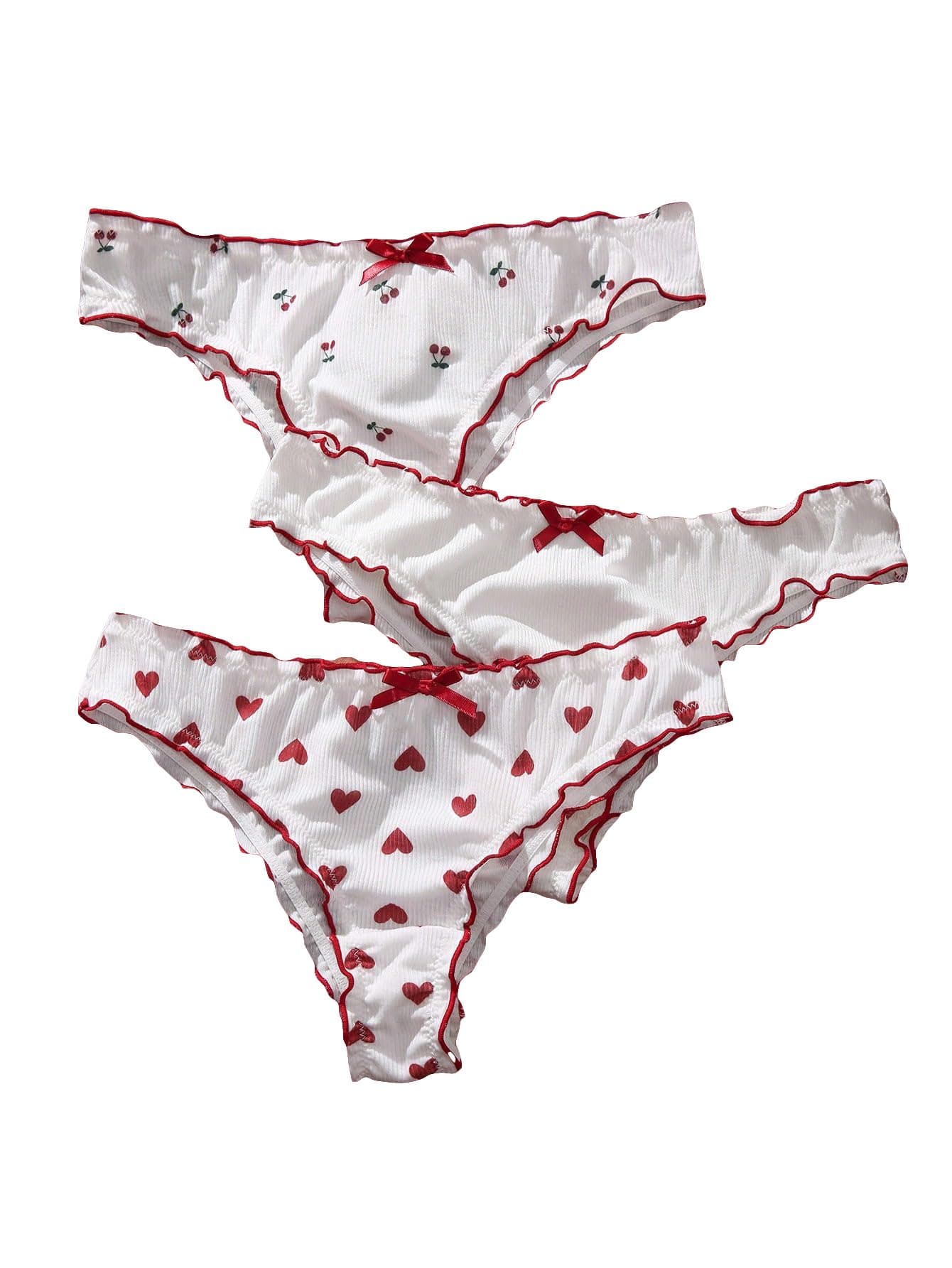 Women's 3 Packs Frilly Panties Vintage Style Heart Print Mid Rise Ruffle Cute Panties Underwear