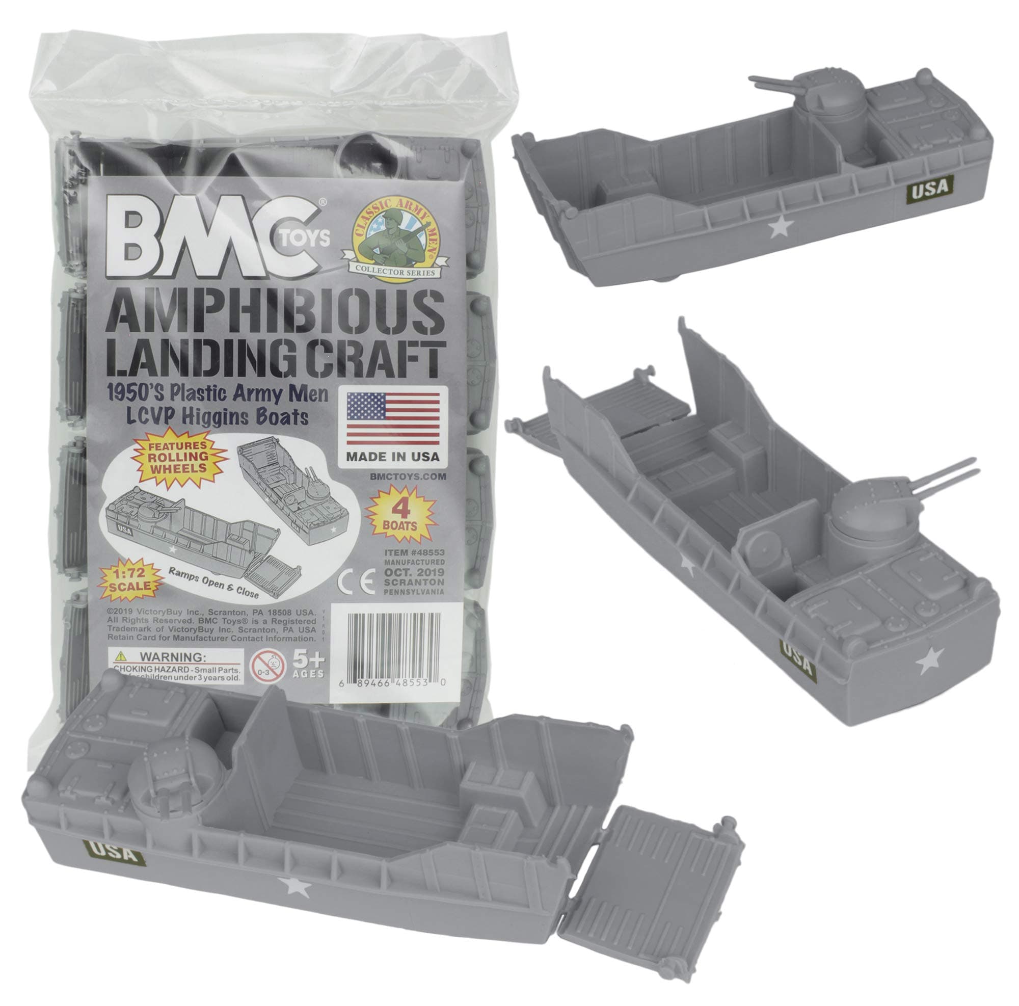 (Gray) - BMC Classic Marx Landing Craft - 4pc Grey Plastic Army Men Boat Vehicles