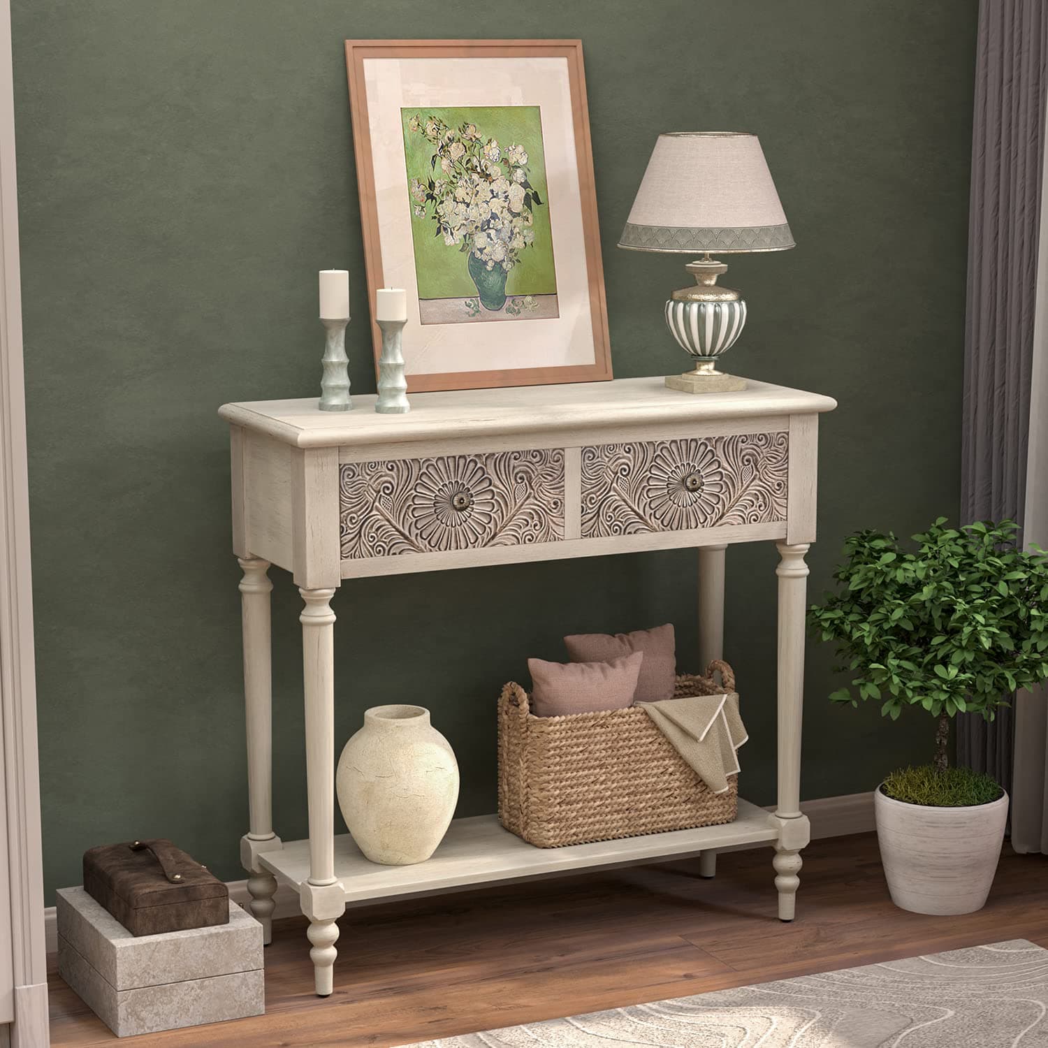 COSIEST Console Table with 2 Drawers, MDF Narrow Entryway Table with Storage Shelf, Wood Accent Sofa Table for Living Room, Entrance, Hallway, Couch, Light Grey