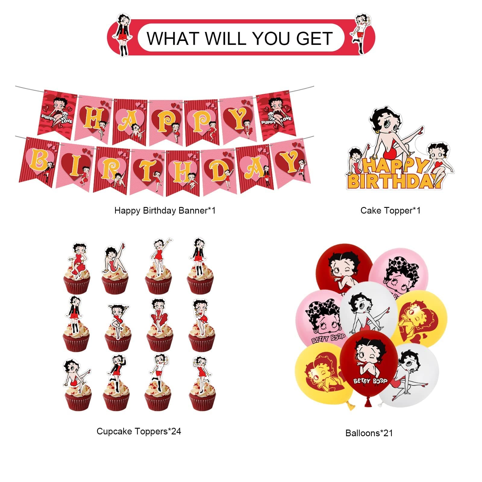 50 PCS Betty Boop Party Decorations Includes Happy Birthday Banner, Cake Topper, Cupcake Toppers, Balloons for Girls Party Supplies