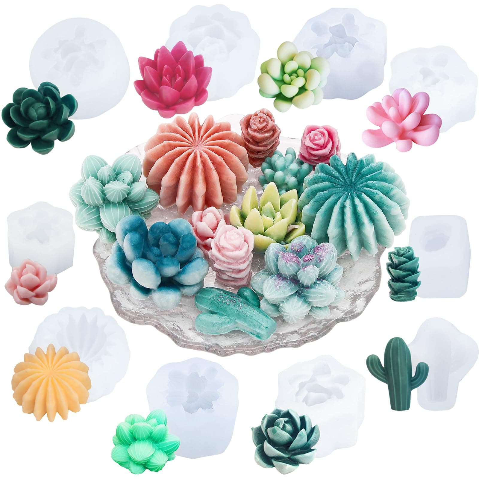 EuTengHao Succulent Silicone Molds, 3D Flower Resin Mold for Candle Soap Cake Decoration Making, Plant Flower Wax Scented Candle Soap Silicone Molds (10Pcs)