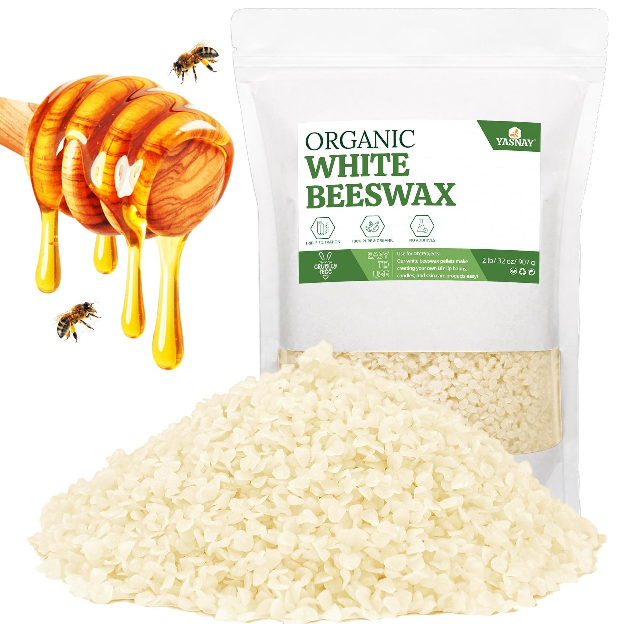 YASNAY White Beeswax Pellets 2LB, Organic Beeswax, Beeswax for Candle Making, Body, Skin Care DIY, Lip Balm and Soap Making Supplies