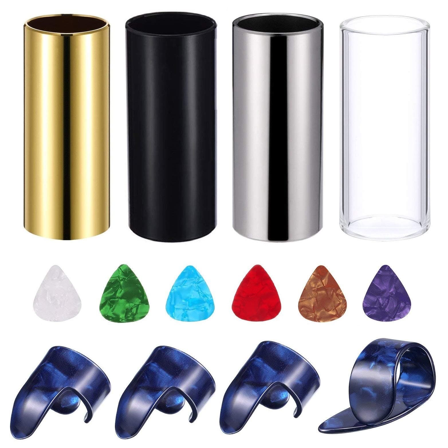 Topus 4 Pieces Medium Guitar Slide (3 Colors Steel Glides, 1 Pieces Glass Slide), Guitar Accessories Kit Include 10 Pieces Guitar Picks and 8 Pieces Plastic Thumb & Finger Picks in Storage Box