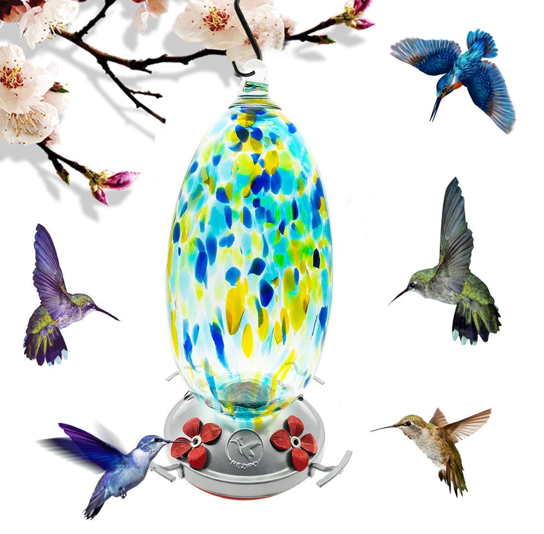 REZIPO Hummingbird Feeder with Perch - Hand Blown Glass - Blue - 37 Fluid Ounces Hummingbird Nectar Capacity Include Hanging Wires and Ant Moat (Blue)