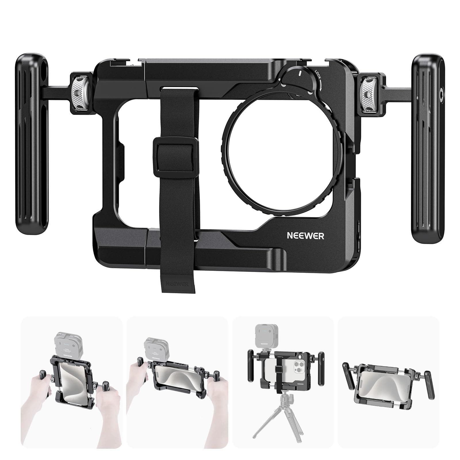 Universal Smartphone Video Rig with Handles, 67mm Filter Adapter, Anti Drop Cold Shoe for DJI Mic, Phone Cage Stabilizer for Video Recording for iPhone 15 Pro Max S23 Ultra Pixel 8 Pro, PA017